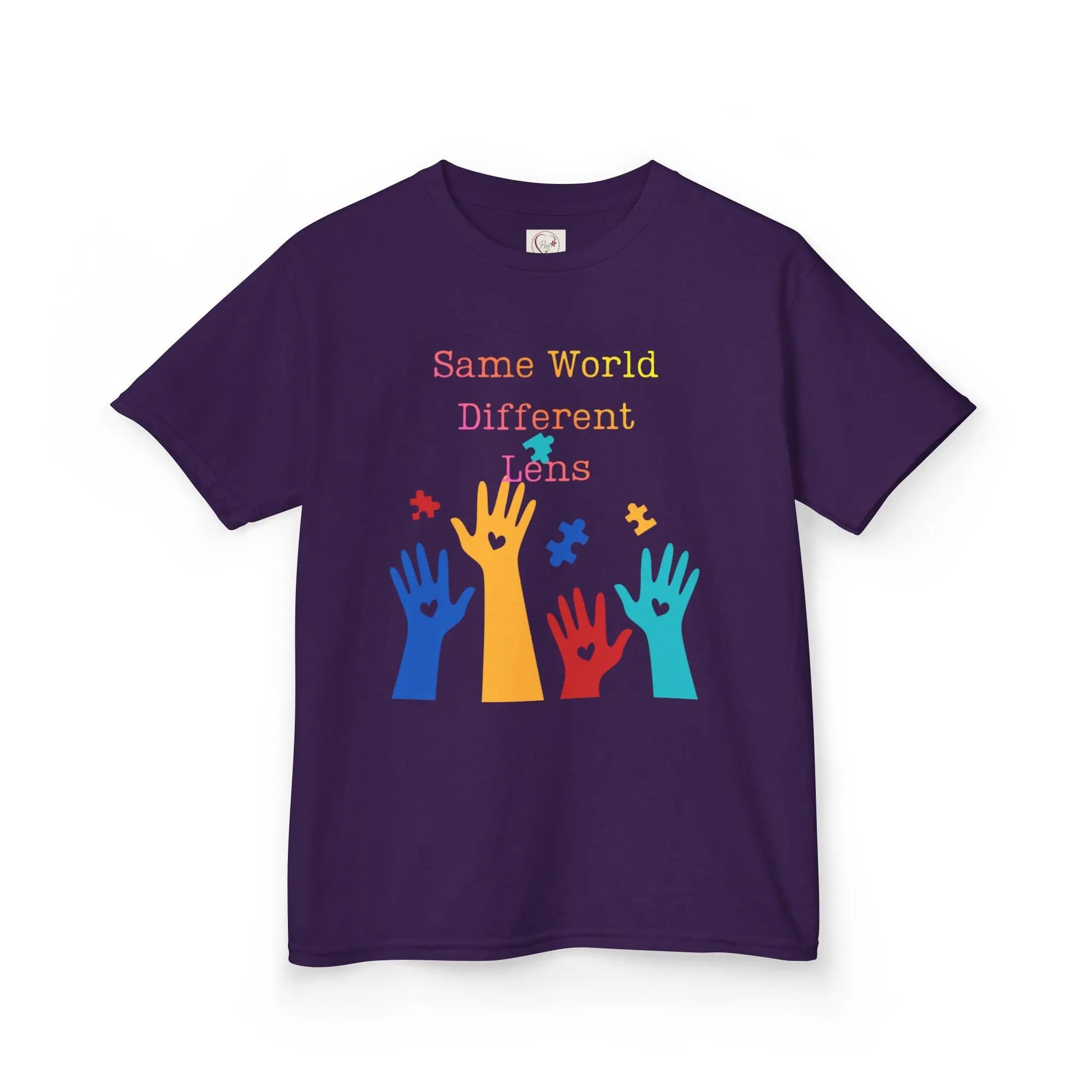 Purple kids tee with colorful raised hands and puzzle pieces reading Same World Different Minds, autism awareness shirt by PM Creations 25
