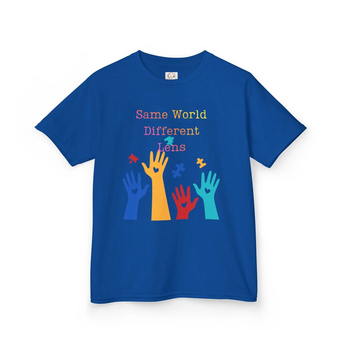 Royal Blue kids tee with colorful raised hands and puzzle pieces reading Same World Different Minds, autism awareness shirt by PM Creations 25