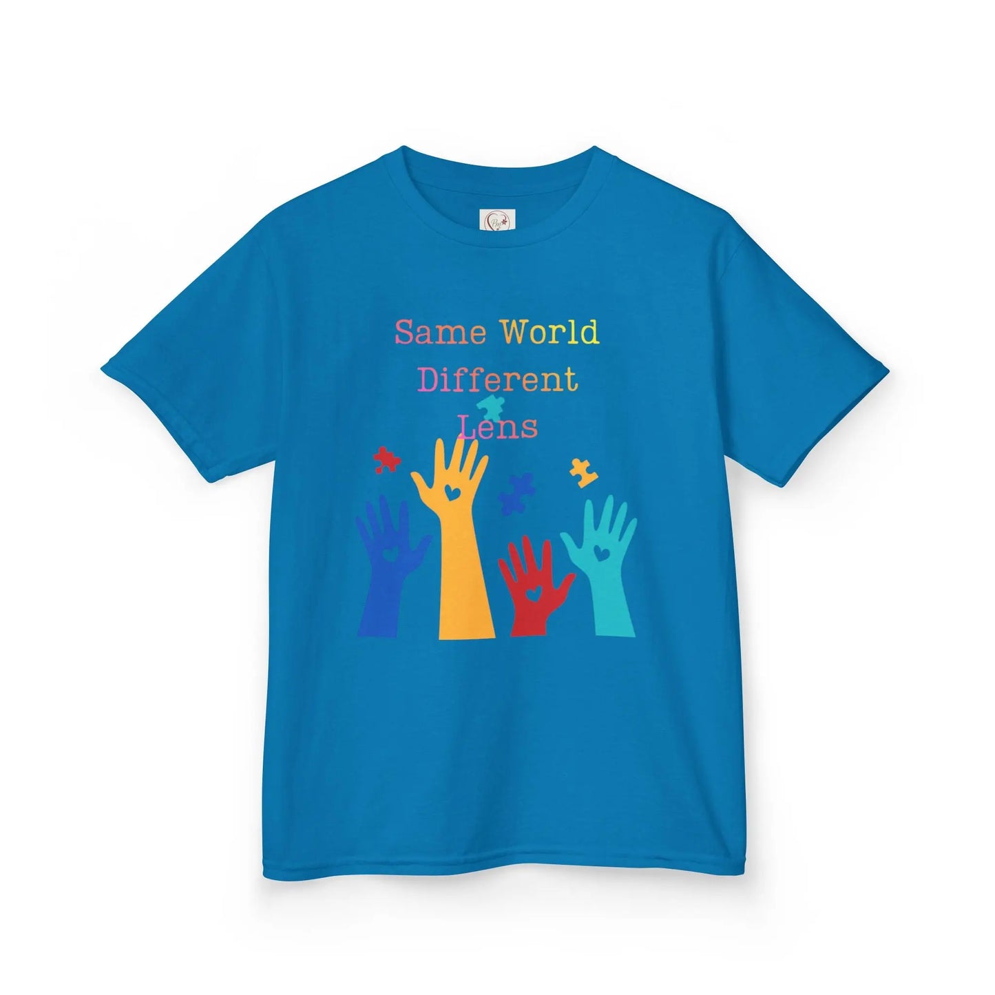 Sapphire Blue kids tee with colorful raised hands and puzzle pieces reading Same World Different Minds, autism awareness shirt by PM Creations 25