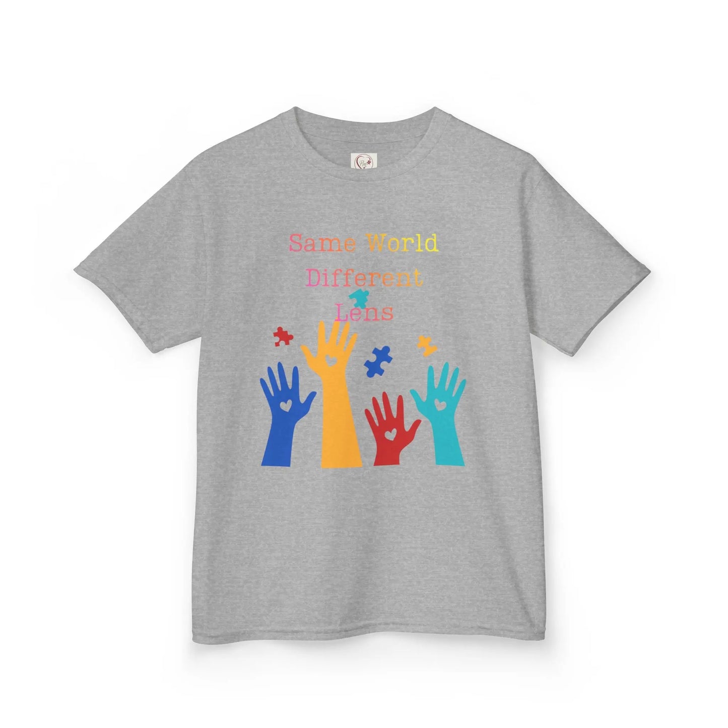 Sports Grey kids tee with colorful raised hands and puzzle pieces reading Same World Different Minds, autism awareness shirt by PM Creations 25
