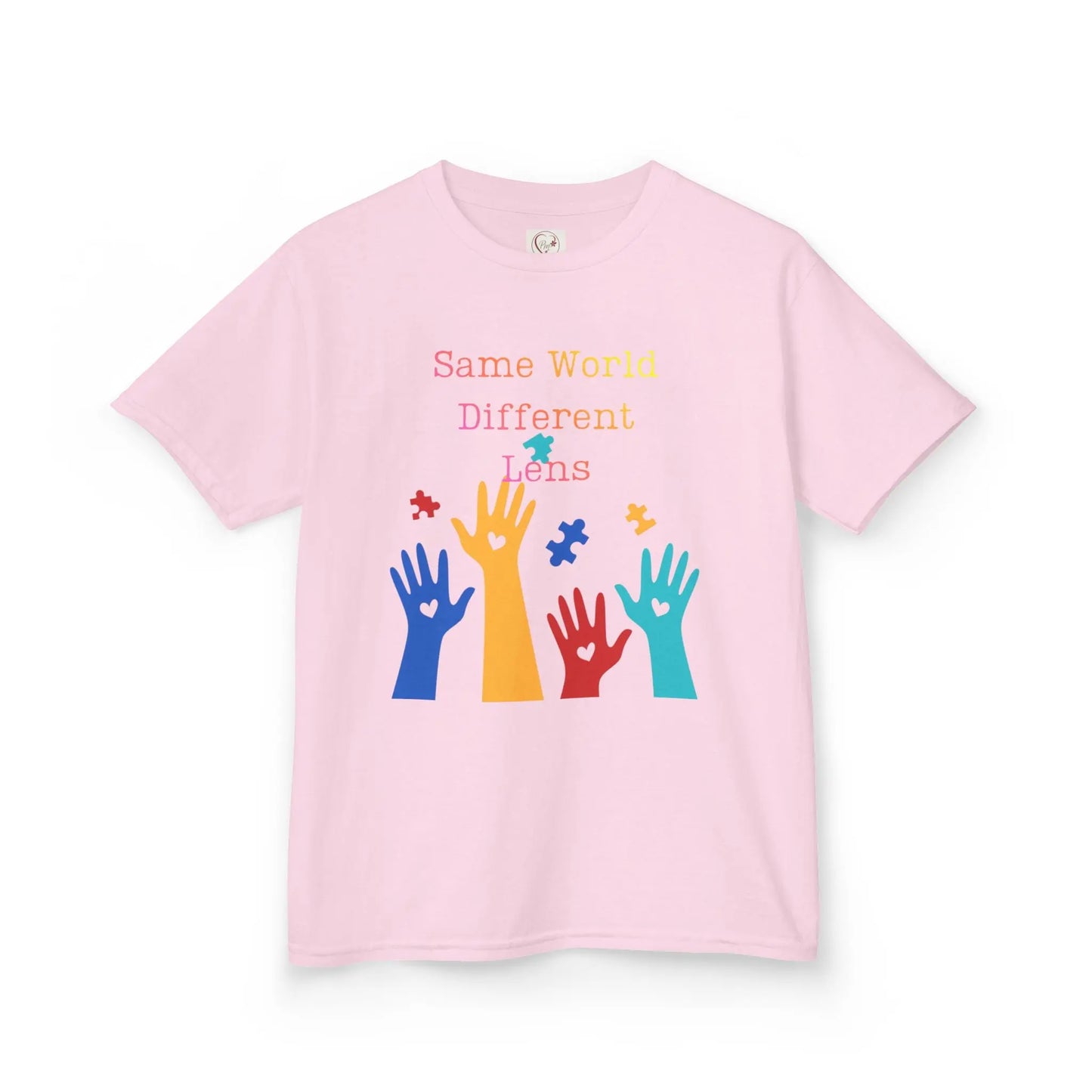 Light Pink kids tee with colorful raised hands and puzzle pieces reading Same World Different Minds, autism awareness shirt by PM Creations 25