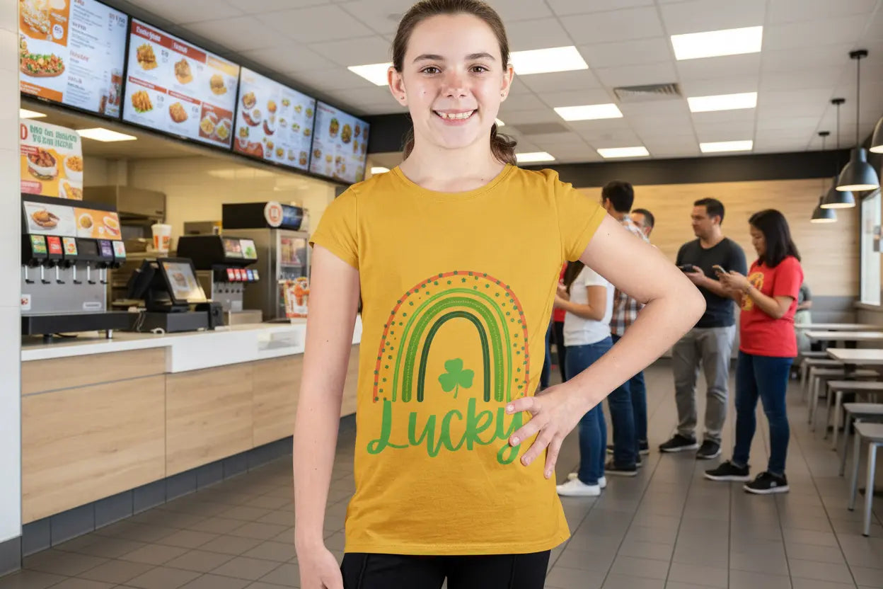 Youth wearing Lucky Rainbow tee with hand-drawn rainbow and shamrock design, Mustard
