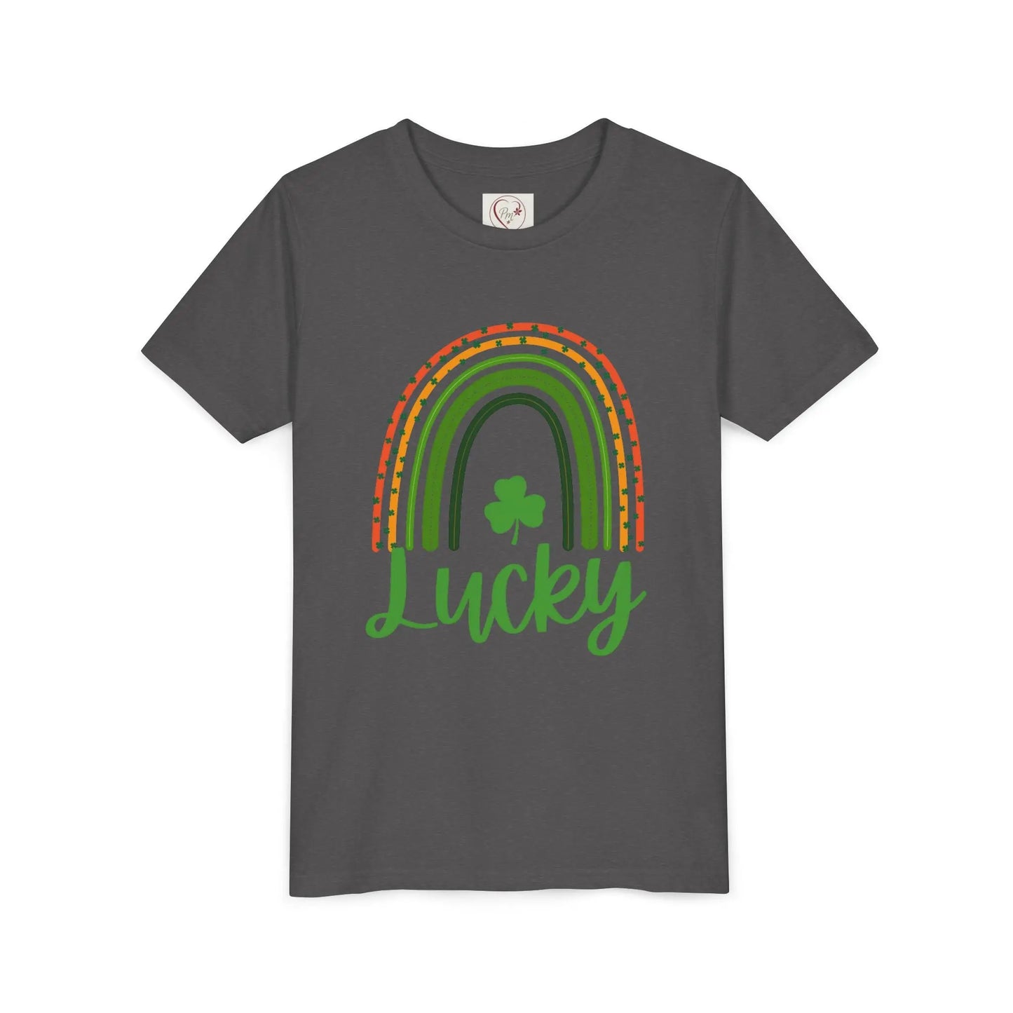 Celebrate St. Patrick's Day with this vibrant Lucky Rainbow youth tee. Soft, comfortable, perfect for parades, parties & Irish pride all March long. Dark Heather Grey
