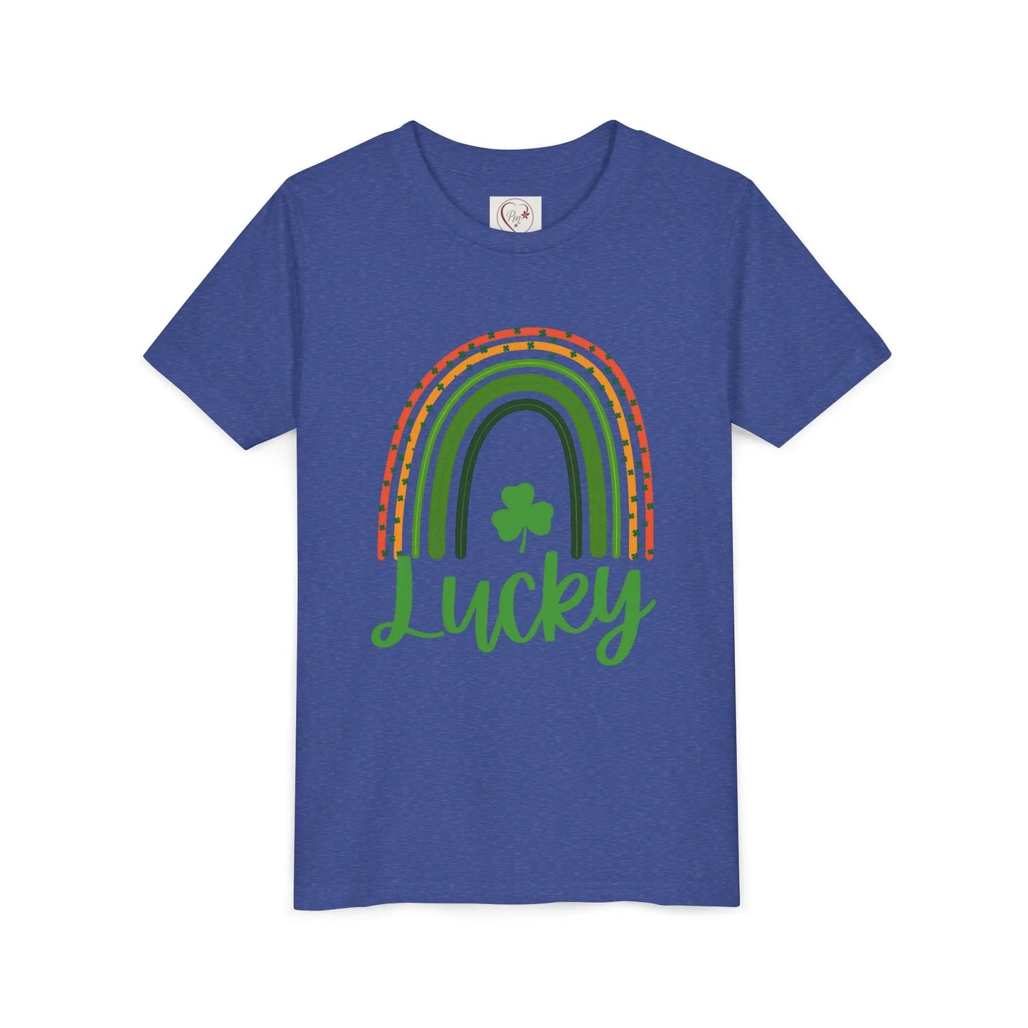 Celebrate St. Patrick's Day with this vibrant Lucky Rainbow youth tee. Soft, comfortable, perfect for parades, parties & Irish pride all March long. Heather True Royal
