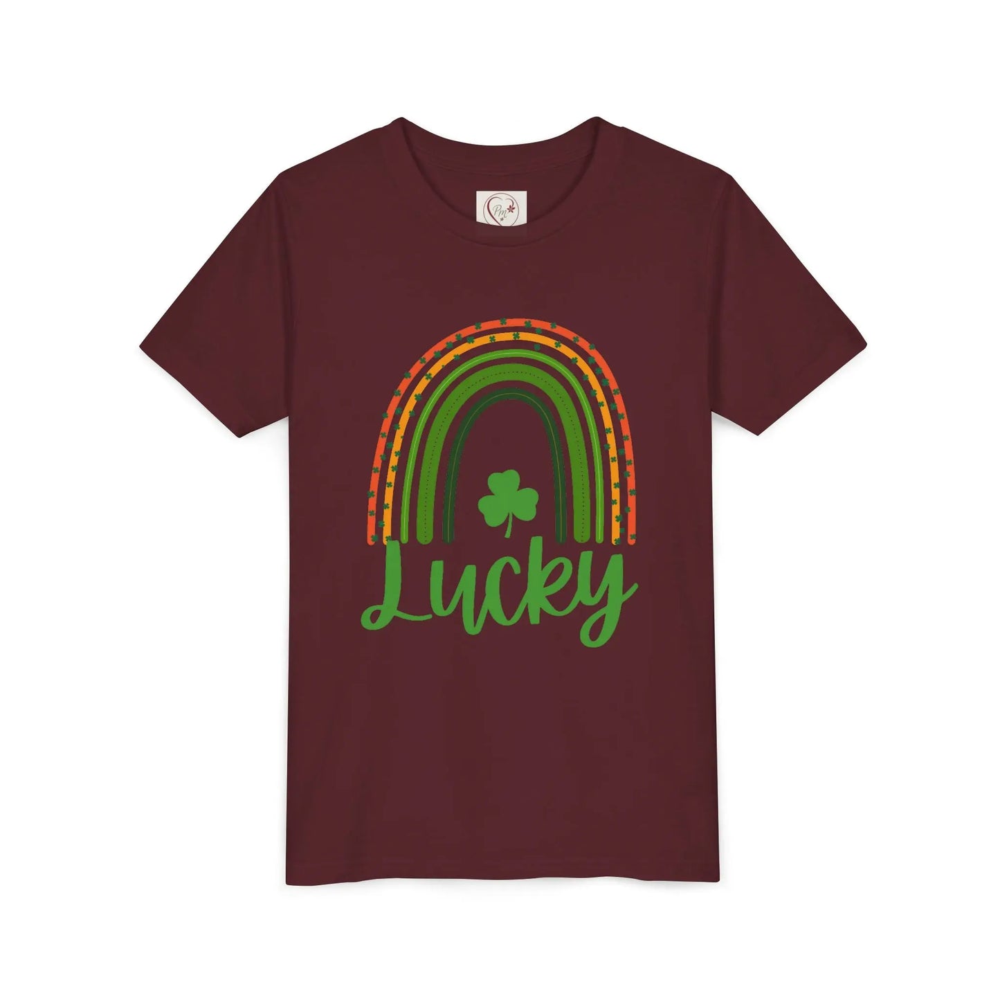 Celebrate St. Patrick's Day with this vibrant Lucky Rainbow youth tee. Soft, comfortable, perfect for parades, parties & Irish pride all March long. Maroon
