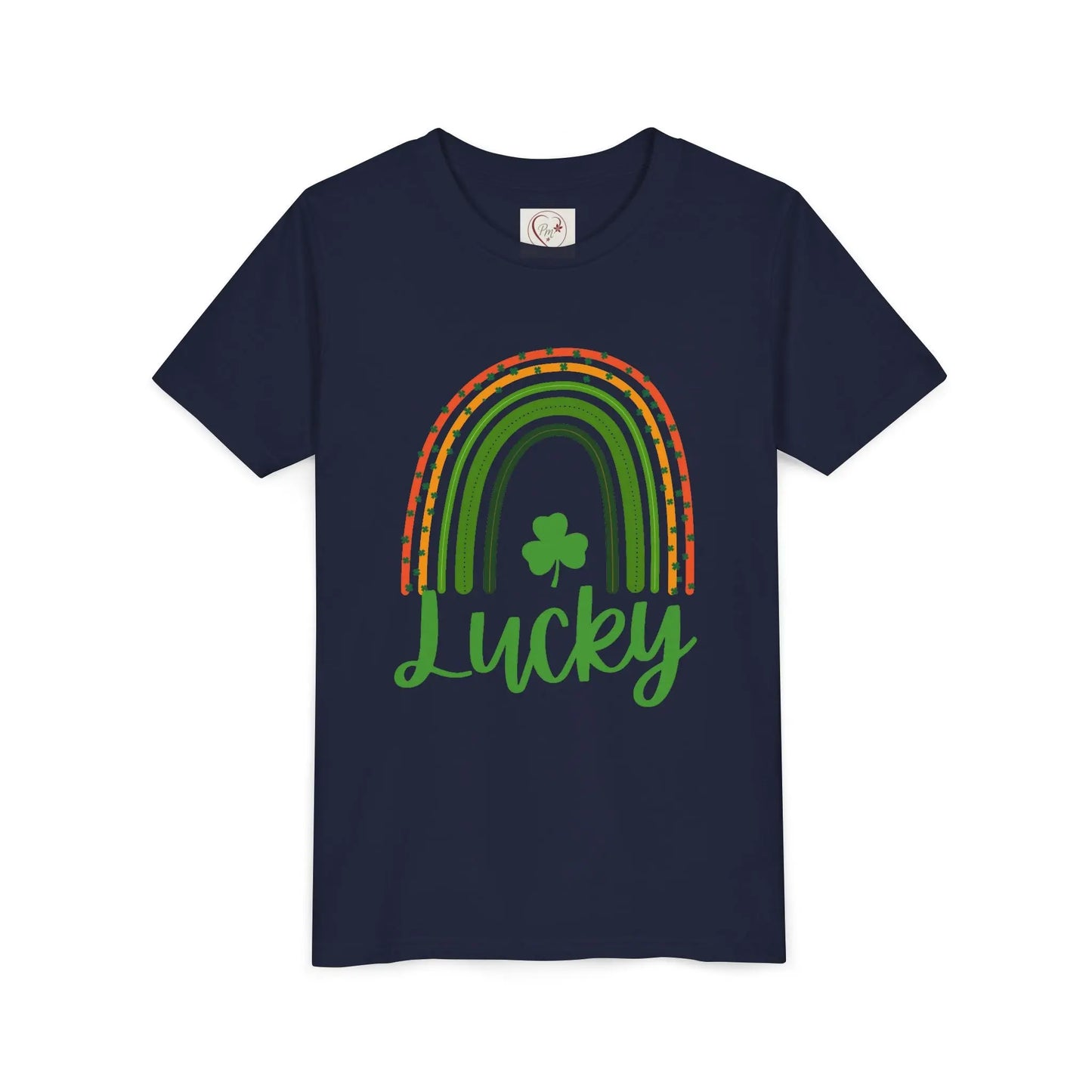 Celebrate St. Patrick's Day with this vibrant Lucky Rainbow youth tee. Soft, comfortable, perfect for parades, parties & Irish pride all March long. Navy
