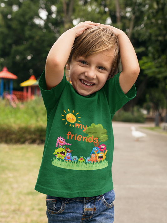 Toddler wearing an adorable toddler tee featuring colorful cartoon animals and sunshine. Soft cotton, perfect for playdates, preschool, and everyday adventures. Comfortable kids' clothing. Kelly Green