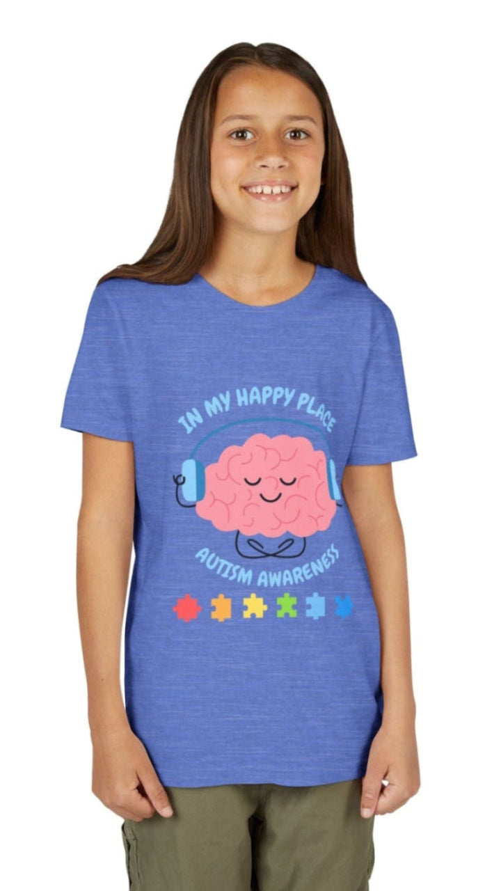 Girl wearing a youth tee for Autism Awareness with smiling brain with headphones and colorful puzzle pieces, "In My Happy Place" graphic. Heather Columbia Blue