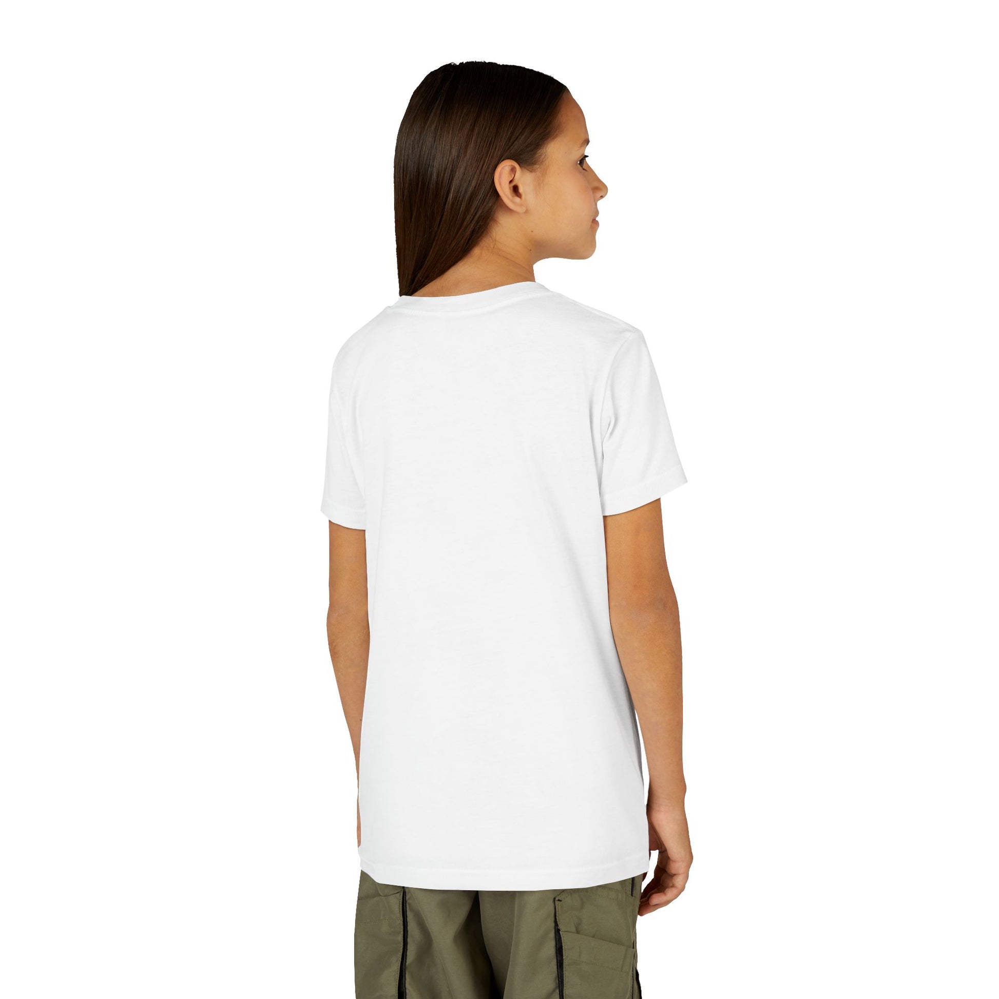 Person wearing a white t-shirt on a white background