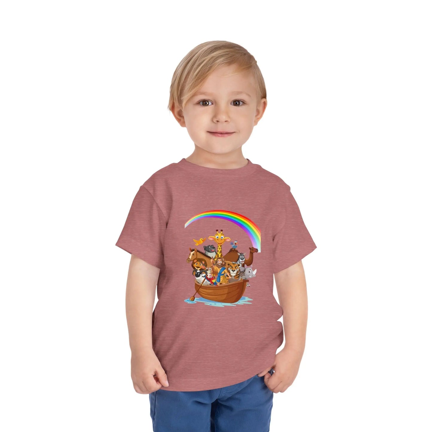 Child wearing a Heather Mauve toddler t-shirt with an Adorable Noah's Ark with animals, rainbow & ark print. Soft cotton, sizes 2T–5T. Perfect Christian kids gift or Bible story outfit.
