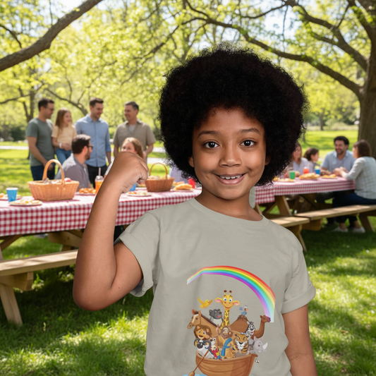 Child wearing a Heather Stone toddler t-shirt with an Adorable Noah's Ark with animals, rainbow & ark print. Soft cotton, sizes 2T–5T. Perfect Christian kids gift or Bible story outfit.