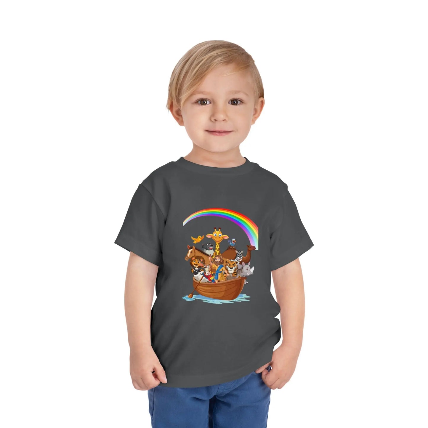 Child wearing an Asphalt toddler t-shirt with an Adorable Noah's Ark with animals, rainbow & ark print. Soft cotton, sizes 2T–5T. Perfect Christian kids gift or Bible story outfit. 