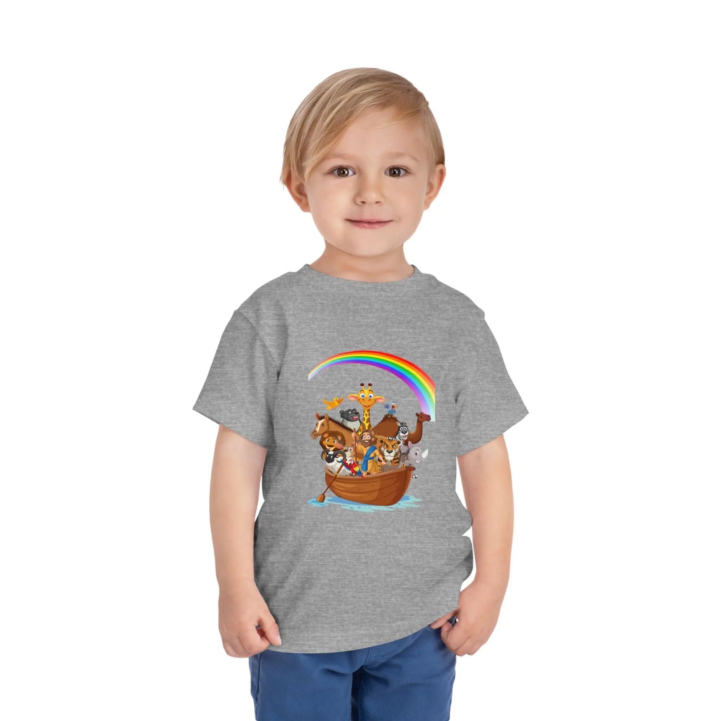 Child wearing an Athletic Heather toddler t-shirt with an Adorable Noah's Ark with animals, rainbow & ark print. Soft cotton, sizes 2T–5T. Perfect Christian kids gift or Bible story outfit. 