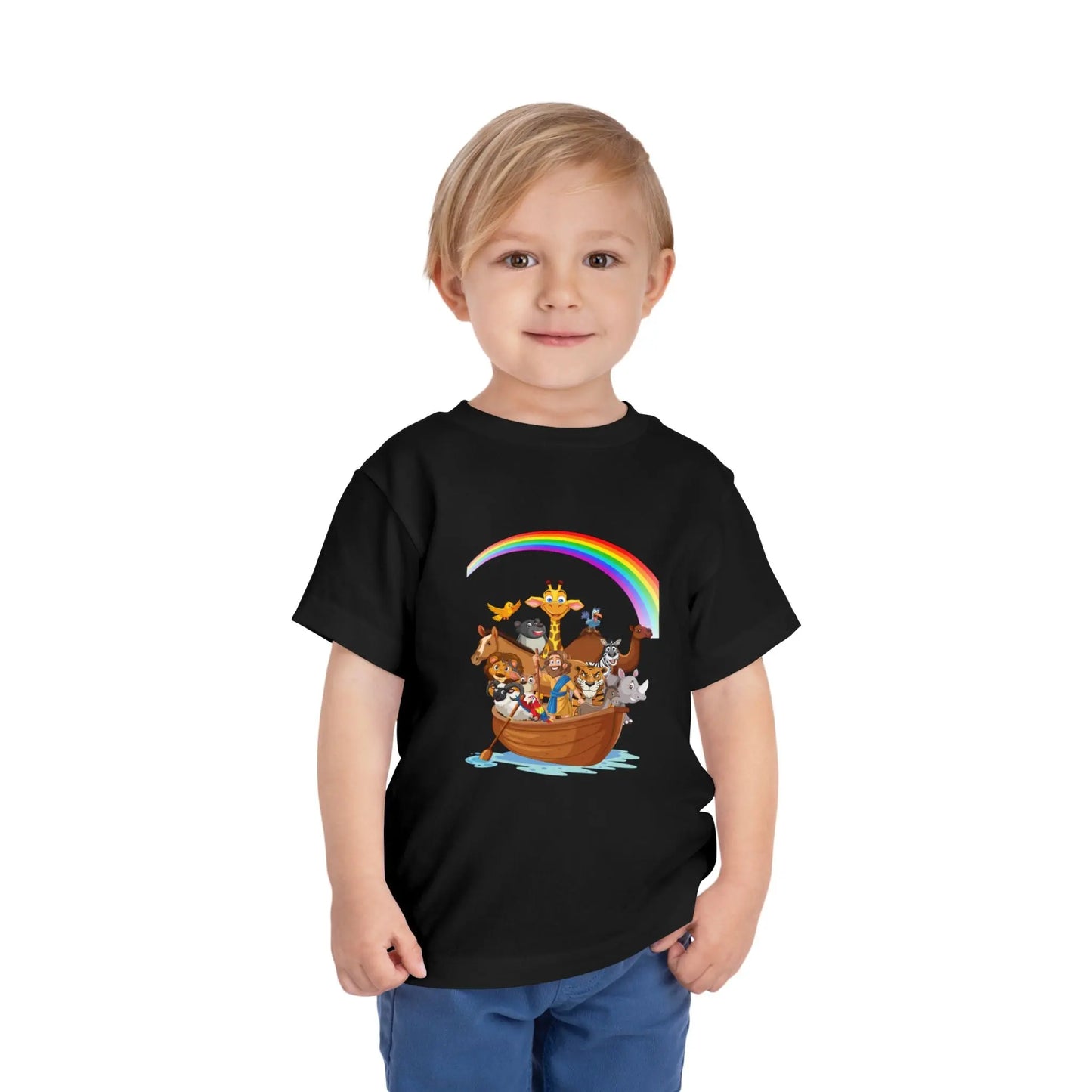 Child wearing an Black toddler t-shirt with an Adorable Noah's Ark with animals, rainbow & ark print. Soft cotton, sizes 2T–5T. Perfect Christian kids gift or Bible story outfit.
