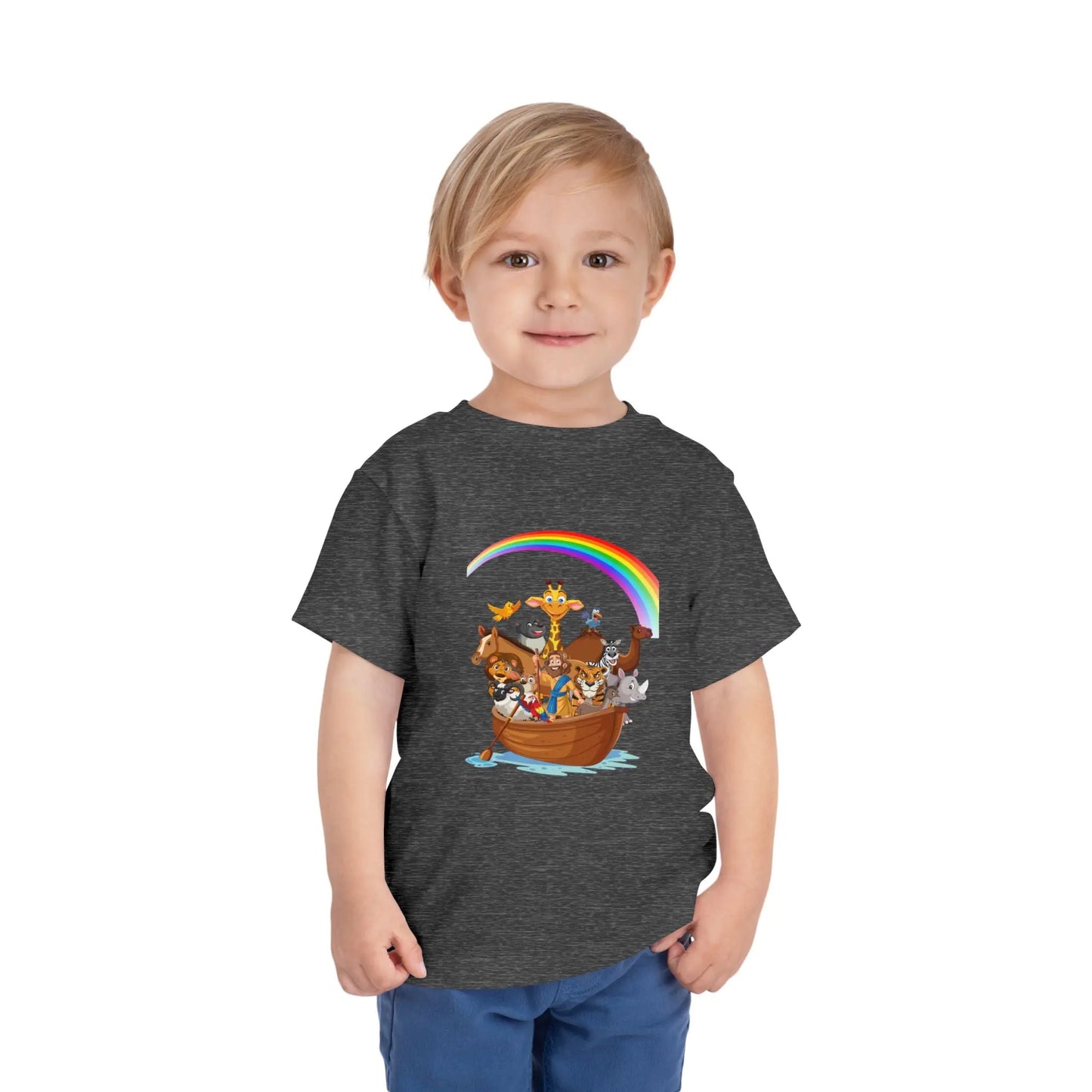 Child wearing a Deep Heather toddler t-shirt with an Adorable Noah's Ark with animals, rainbow & ark print. Soft cotton, sizes 2T–5T. Perfect Christian kids gift or Bible story outfit. 