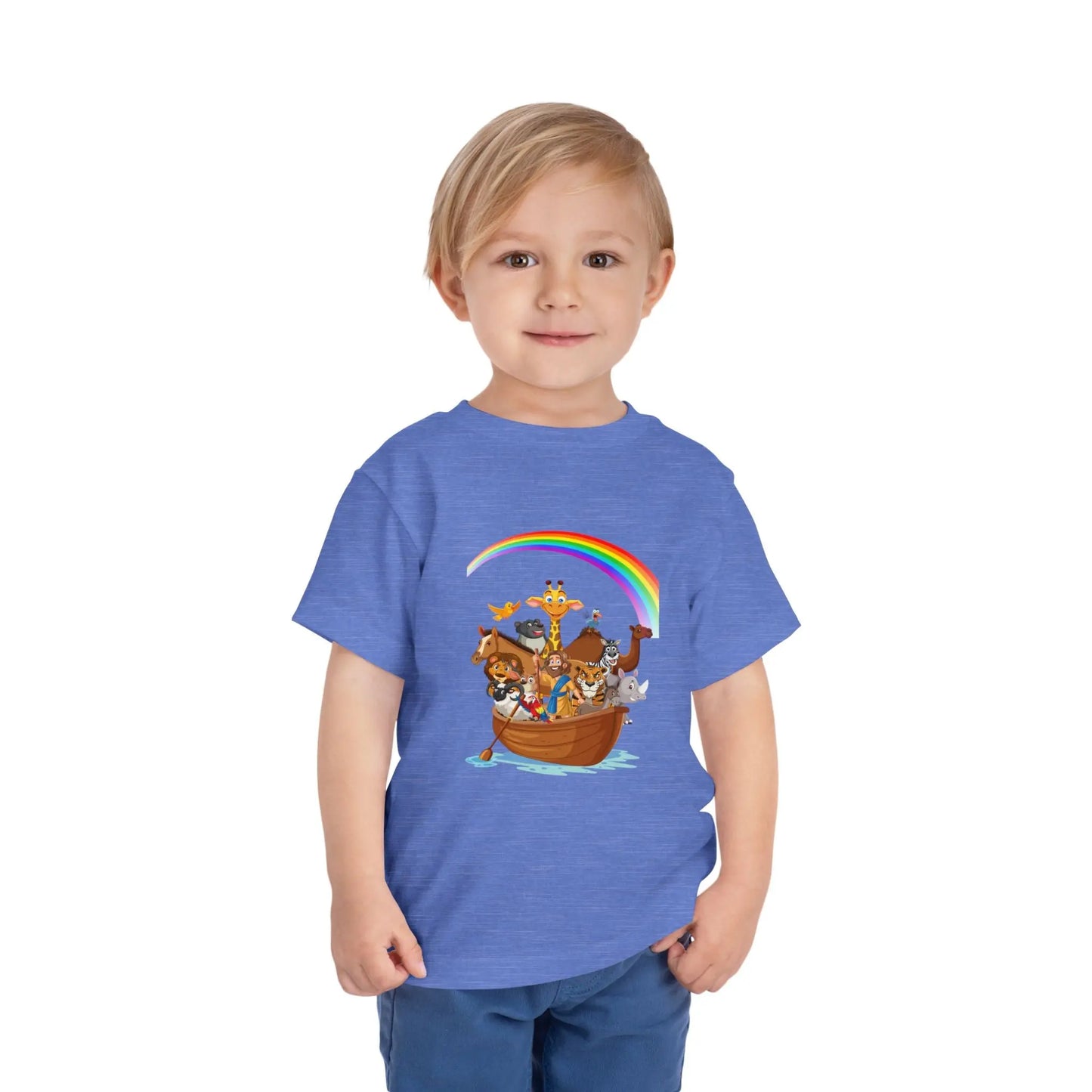 Child wearing a Heather Columbia Blue toddler t-shirt with an Adorable Noah's Ark with animals, rainbow & ark print. Soft cotton, sizes 2T–5T. Perfect Christian kids gift or Bible story outfit. Heather Columbia Blue