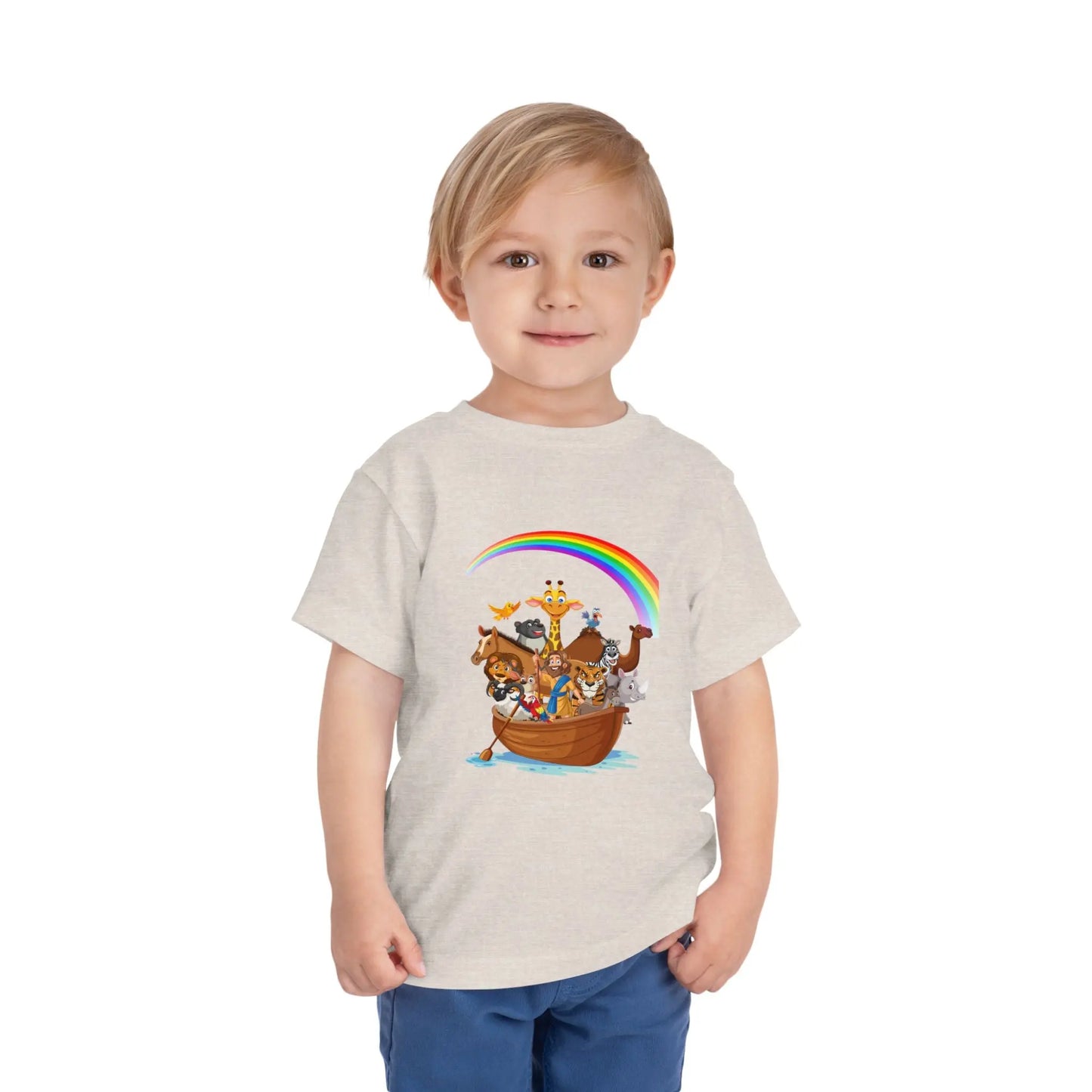 Child wearing a Heather Dust toddler t-shirt with an Adorable Noah's Ark with animals, rainbow & ark print. Soft cotton, sizes 2T–5T. Perfect Christian kids gift or Bible story outfit.