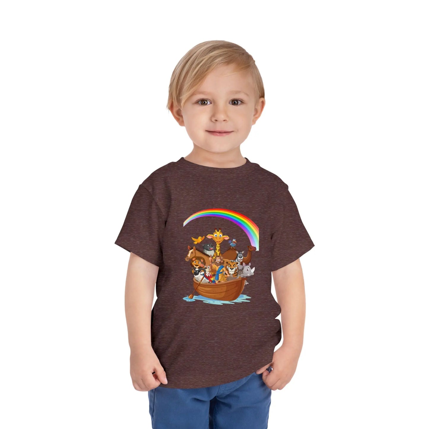 Child wearing a Heather Maroon toddler t-shirt with an Adorable Noah's Ark with animals, rainbow & ark print. Soft cotton, sizes 2T–5T. Perfect Christian kids gift or Bible story outfit. 