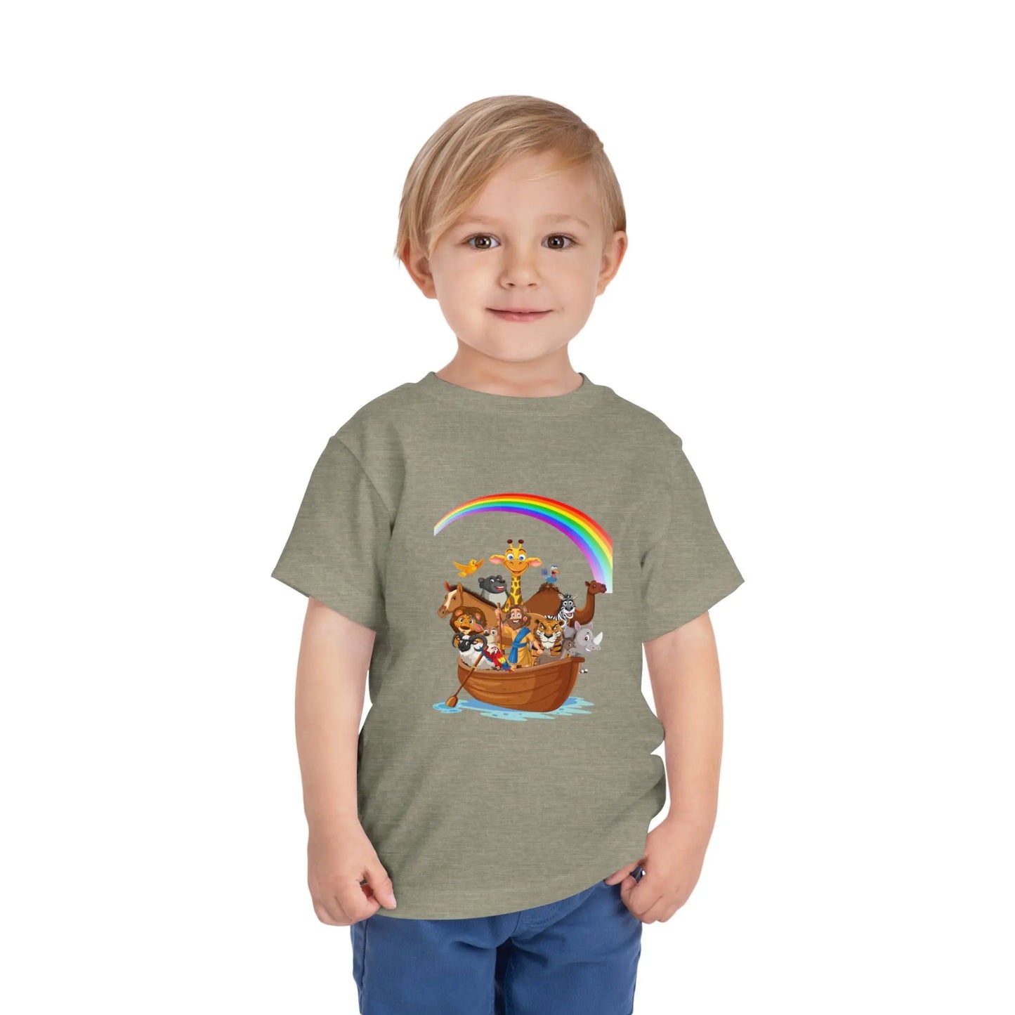 Child wearing a Heather Stone toddler t-shirt with an Adorable Noah's Ark with animals, rainbow & ark print. Soft cotton, sizes 2T–5T. Perfect Christian kids gift or Bible story outfit.