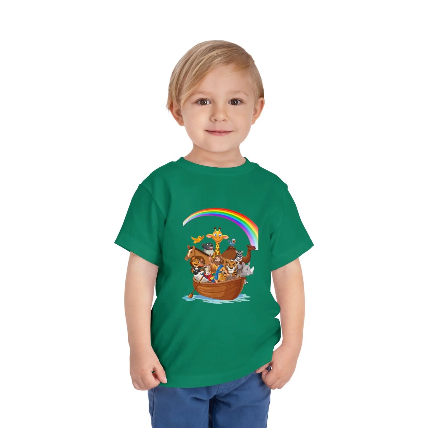 Child wearing a Kelly Green toddler t-shirt with an Adorable Noah's Ark with animals, rainbow & ark print. Soft cotton, sizes 2T–5T. Perfect Christian kids gift or Bible story outfit.