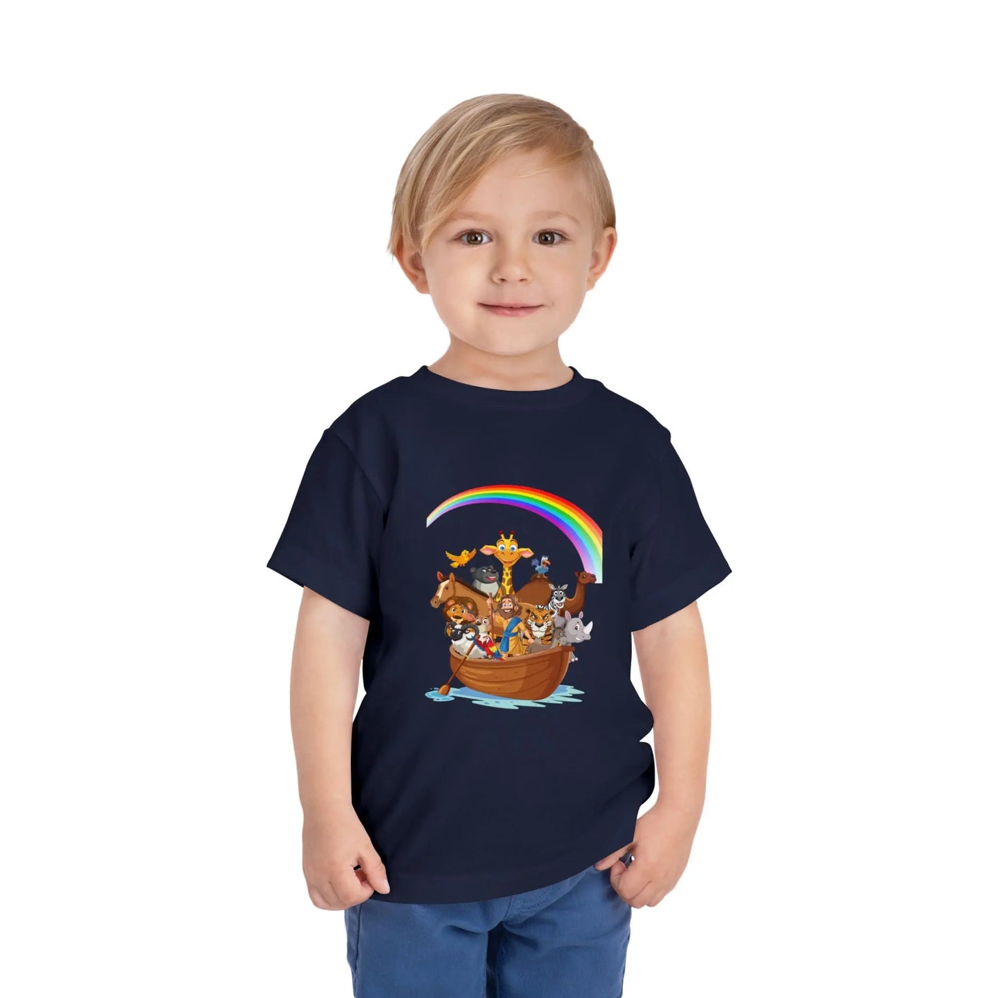 Child wearing an Navy toddler t-shirt with an Adorable Noah's Ark with animals, rainbow & ark print. Soft cotton, sizes 2T–5T. Perfect Christian kids gift or Bible story outfit. 
