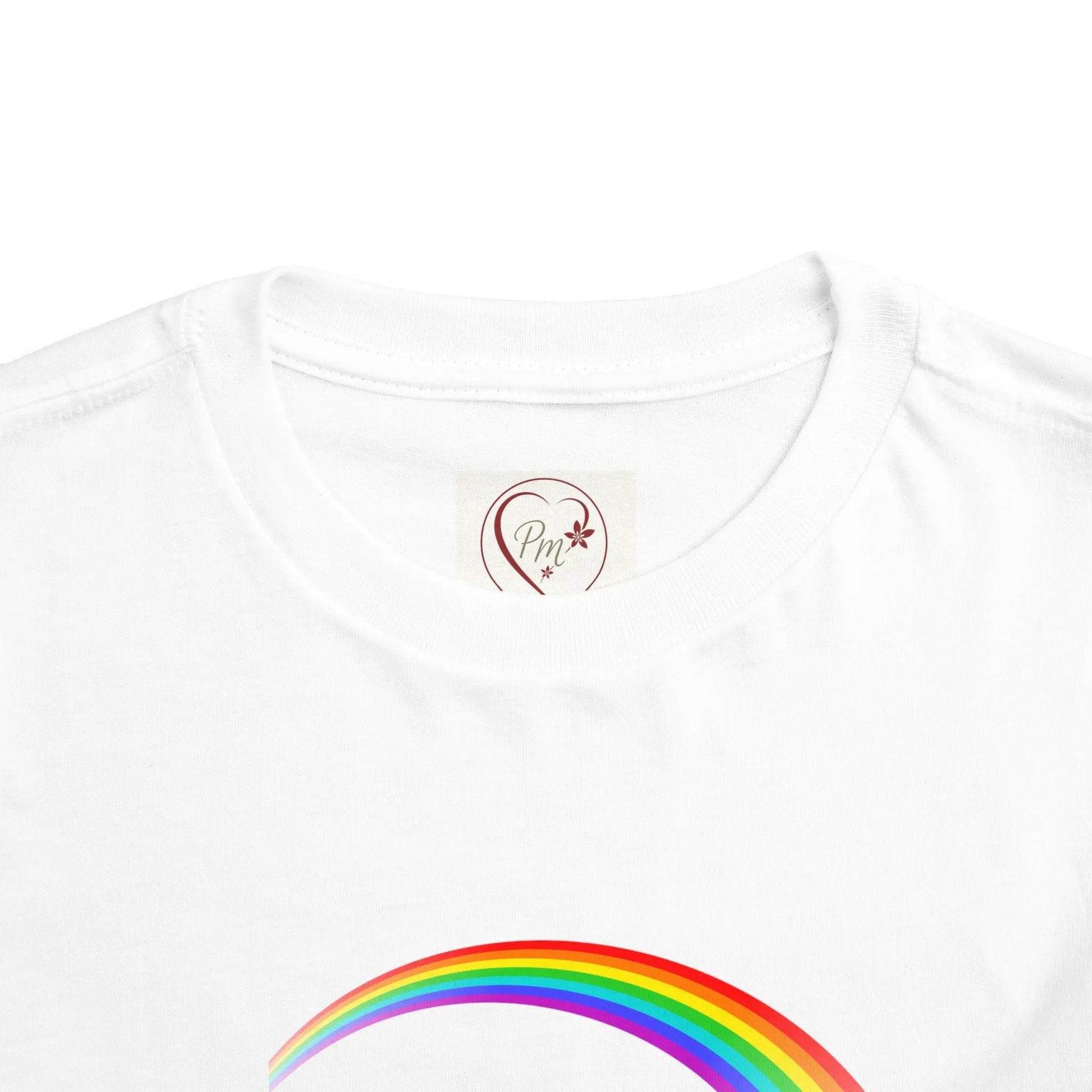 White t-shirt with a rainbow design and a PM Creations 25 logo on the chest.