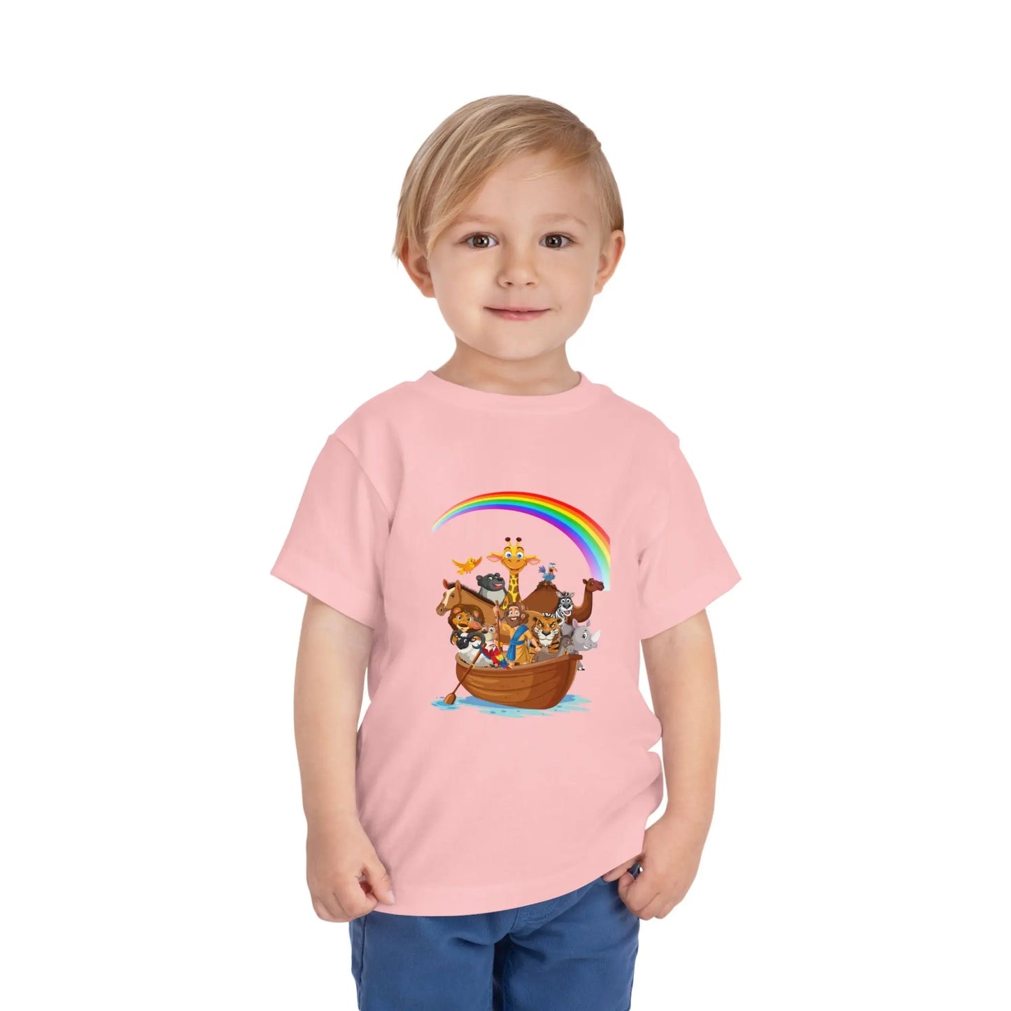 Child wearing a Pink toddler t-shirt with an Adorable Noah's Ark with animals, rainbow & ark print. Soft cotton, sizes 2T–5T. Perfect Christian kids gift or Bible story outfit. Pink
