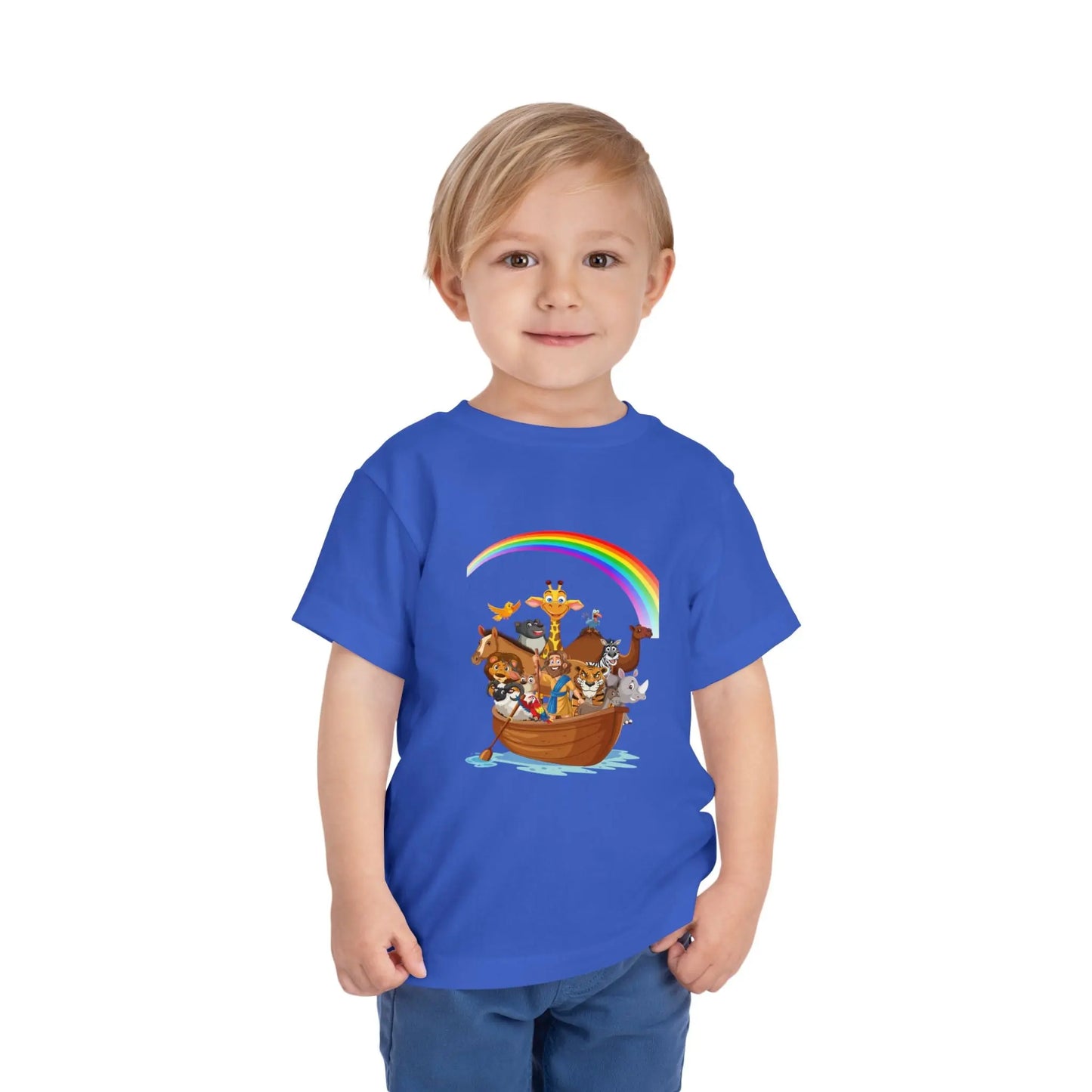 Child wearing an True Royal toddler t-shirt with an Adorable Noah's Ark with animals, rainbow & ark print. Soft cotton, sizes 2T–5T. Perfect Christian kids gift or Bible story outfit. 