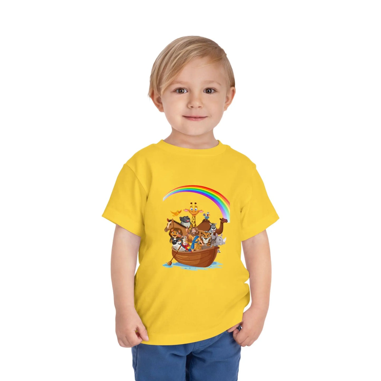 Child wearing a Yellow toddler t-shirt with an Adorable Noah's Ark with animals, rainbow & ark print. Soft cotton, sizes 2T–5T. Perfect Christian kids gift or Bible story outfit.