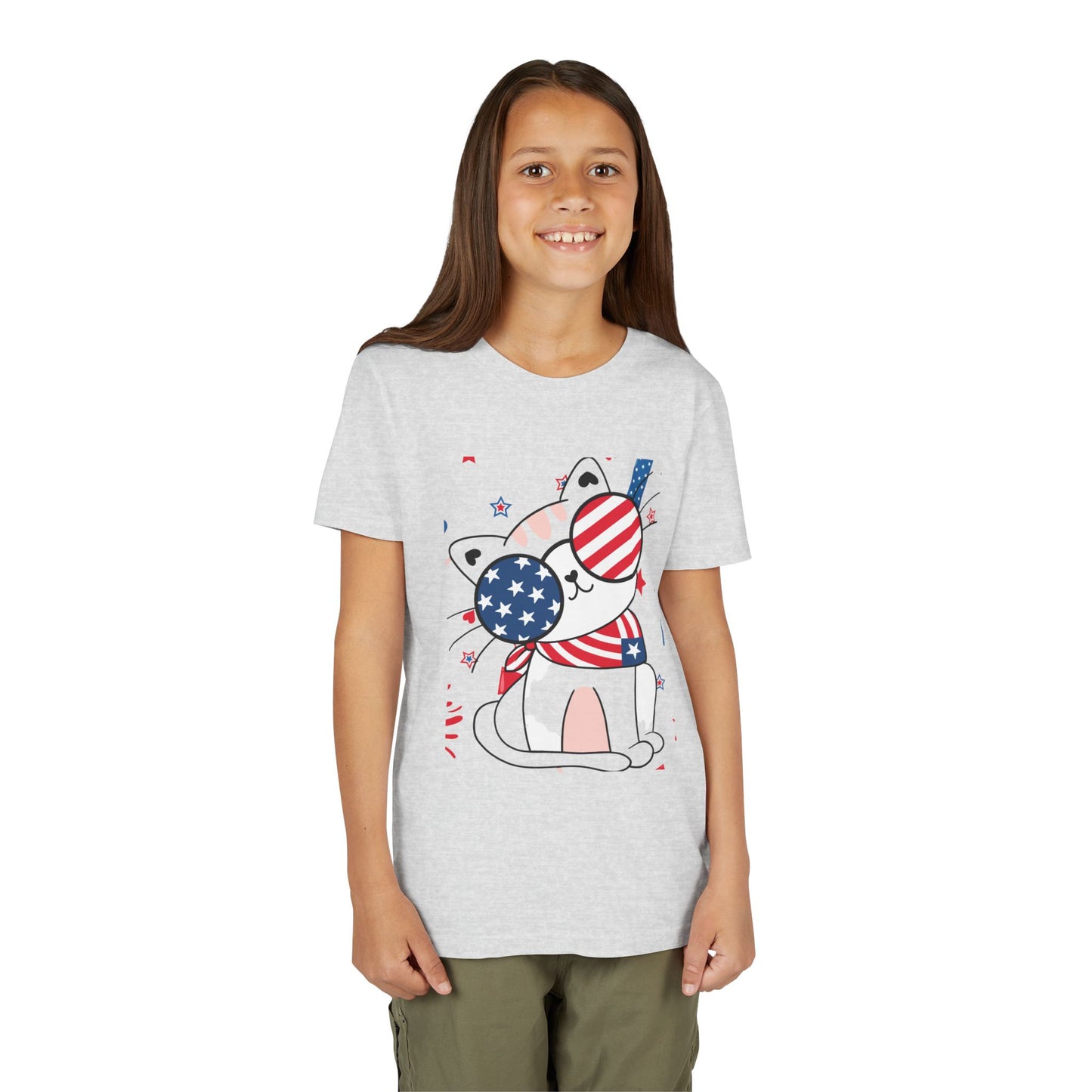 Kids' patriotic tee featuring a cool cat in star & stripe sunglasses and a red & white bandana. Soft cotton, sizes S–XL. Perfect for July 4th! Ash
