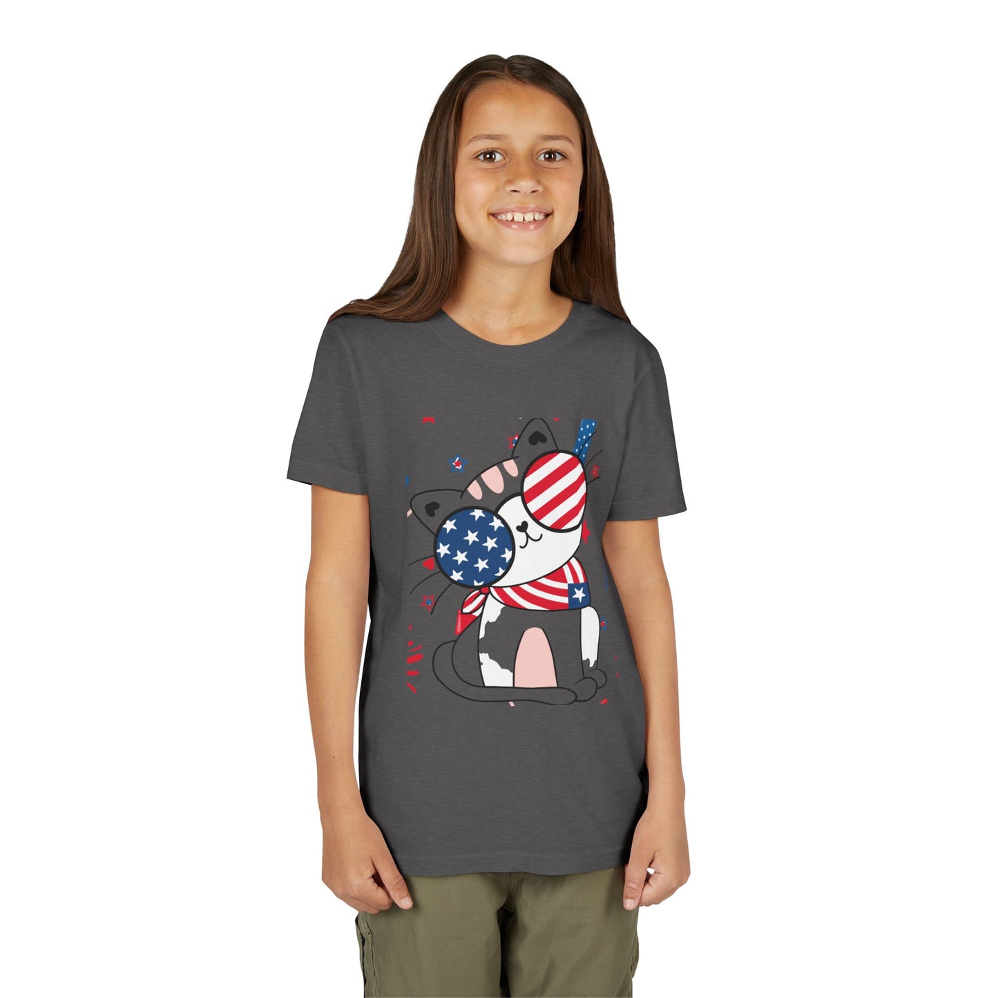 Kids' patriotic tee featuring a cool cat in star & stripe sunglasses and a red & white bandana. Soft cotton, sizes S–XL. Perfect for July 4th! Dark Heather Grey