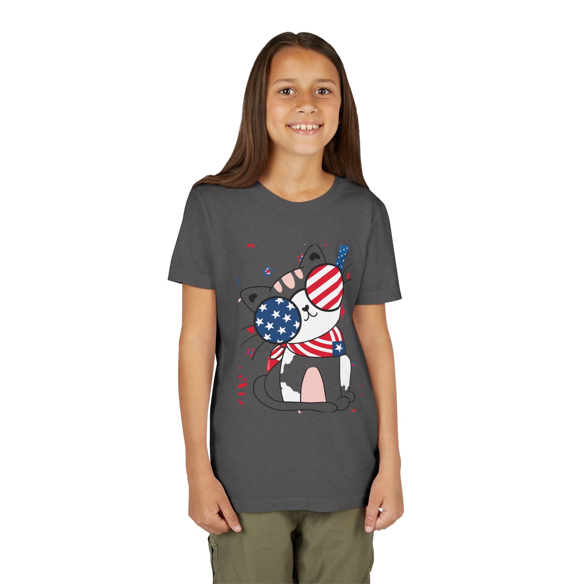 Kids' patriotic tee featuring a cool cat in star & stripe sunglasses and a red & white bandana. Soft cotton, sizes S–XL. Perfect for July 4th! Dark Heather Grey