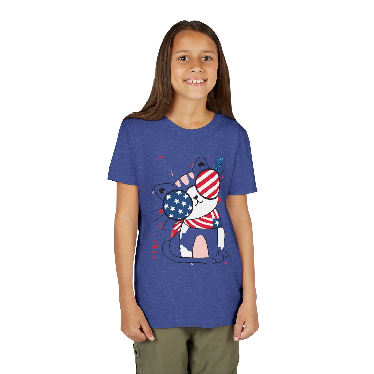 Kids' patriotic tee featuring a cool cat in star & stripe sunglasses and a red & white bandana. Soft cotton, sizes S–XL. Perfect for July 4th! Heather True Royal