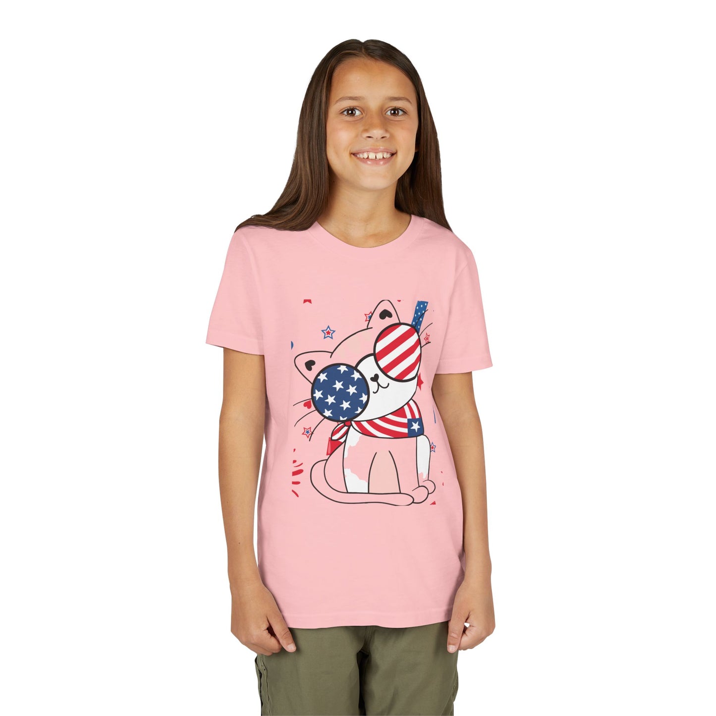 Kids' patriotic tee featuring a cool cat in star & stripe sunglasses and a red & white bandana. Soft cotton, sizes S–XL. Perfect for July 4th! Pink