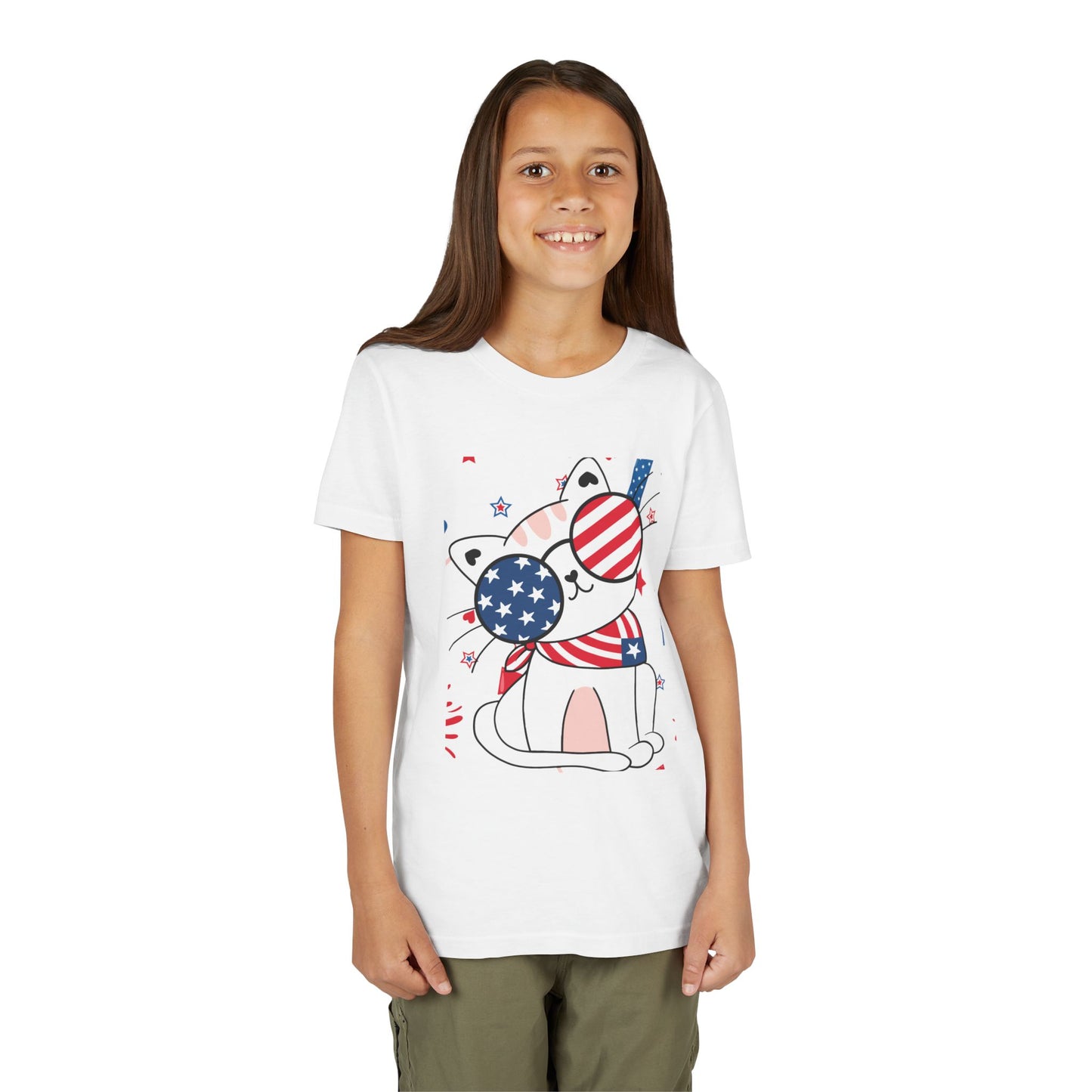 Kids' patriotic tee featuring a cool cat in star & stripe sunglasses and a red & white bandana. Soft cotton, sizes S–XL. Perfect for July 4th! White