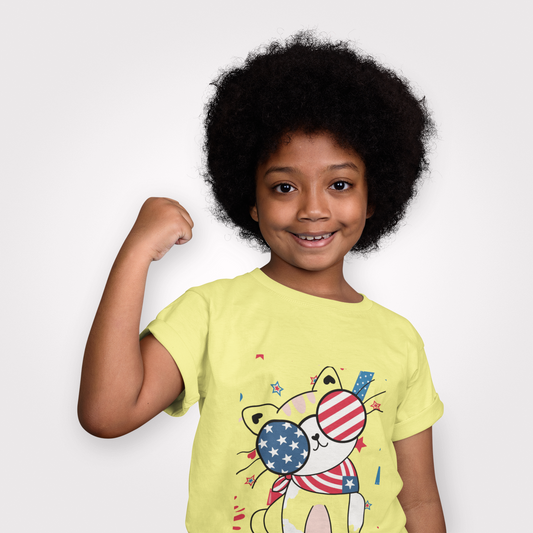 Adorable patriotic cat with USA sunglasses tee for toddlers 2T–5T. A fun, festive 4th of July shirt kids will love for summer celebrations.