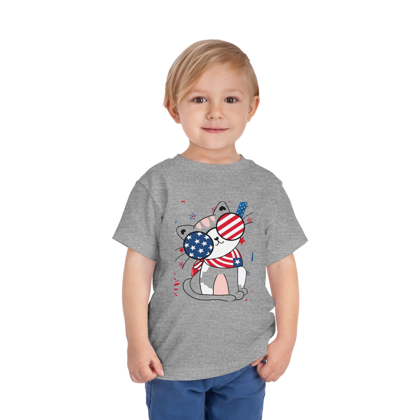 Adorable patriotic cat with USA sunglasses tee for toddlers 2T–5T. A fun, festive 4th of July shirt kids will love for summer celebrations. Athletic Heather
