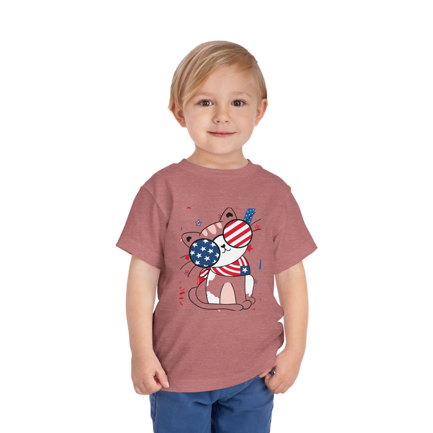 Adorable patriotic cat with USA sunglasses tee for toddlers 2T–5T. A fun, festive 4th of July shirt kids will love for summer celebrations. Heather Mauve