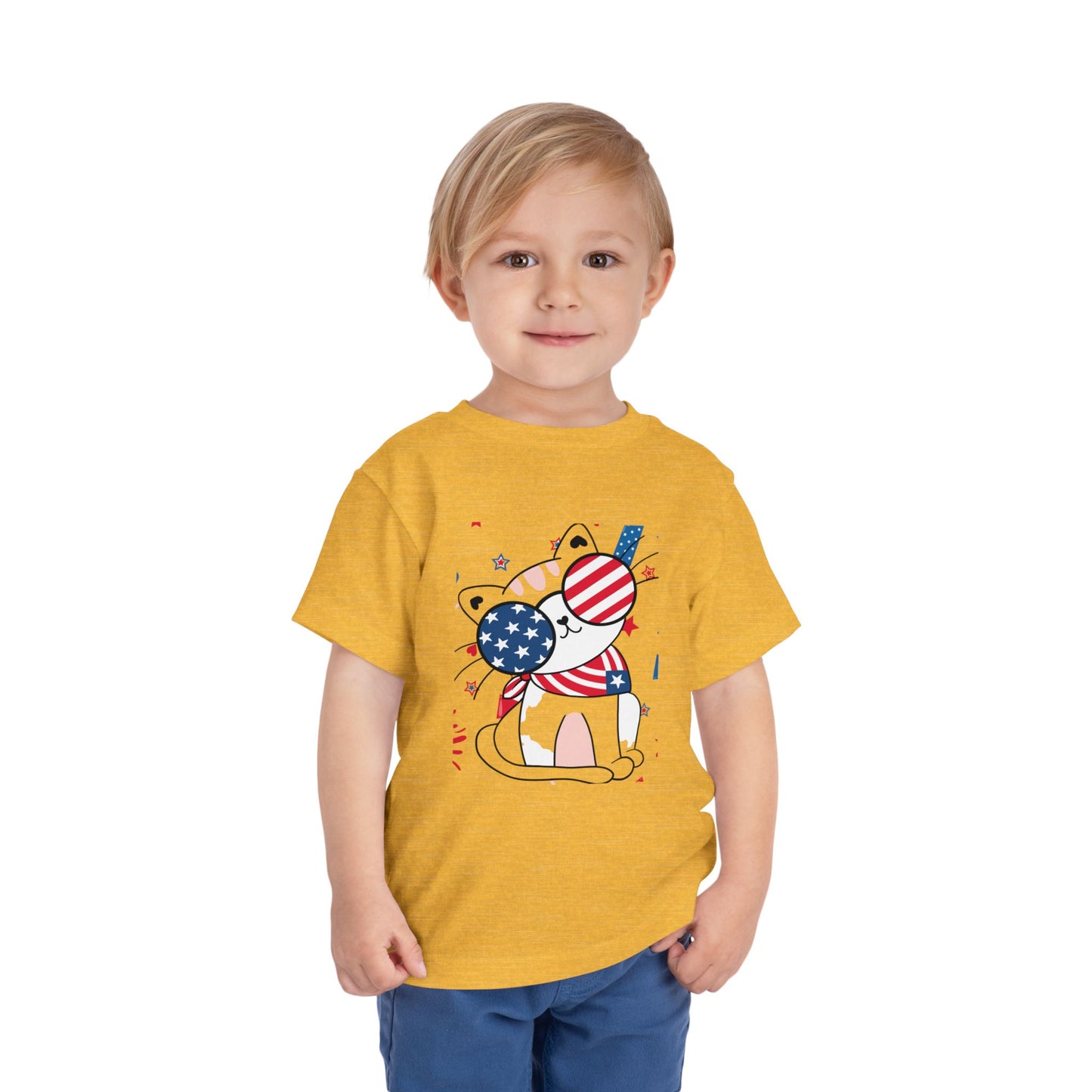 Adorable patriotic cat with USA sunglasses tee for toddlers 2T–5T. A fun, festive 4th of July shirt kids will love for summer celebrations. Heather Yellow Gold