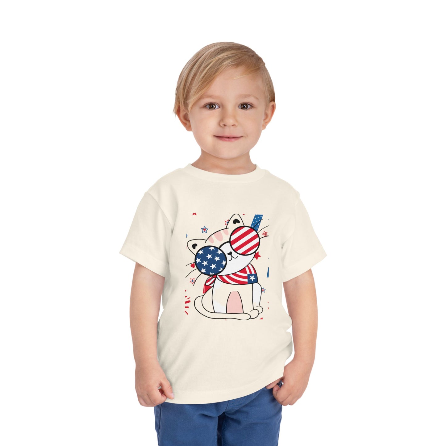 Adorable patriotic cat with USA sunglasses tee for toddlers 2T–5T. A fun, festive 4th of July shirt kids will love for summer celebrations. Natural