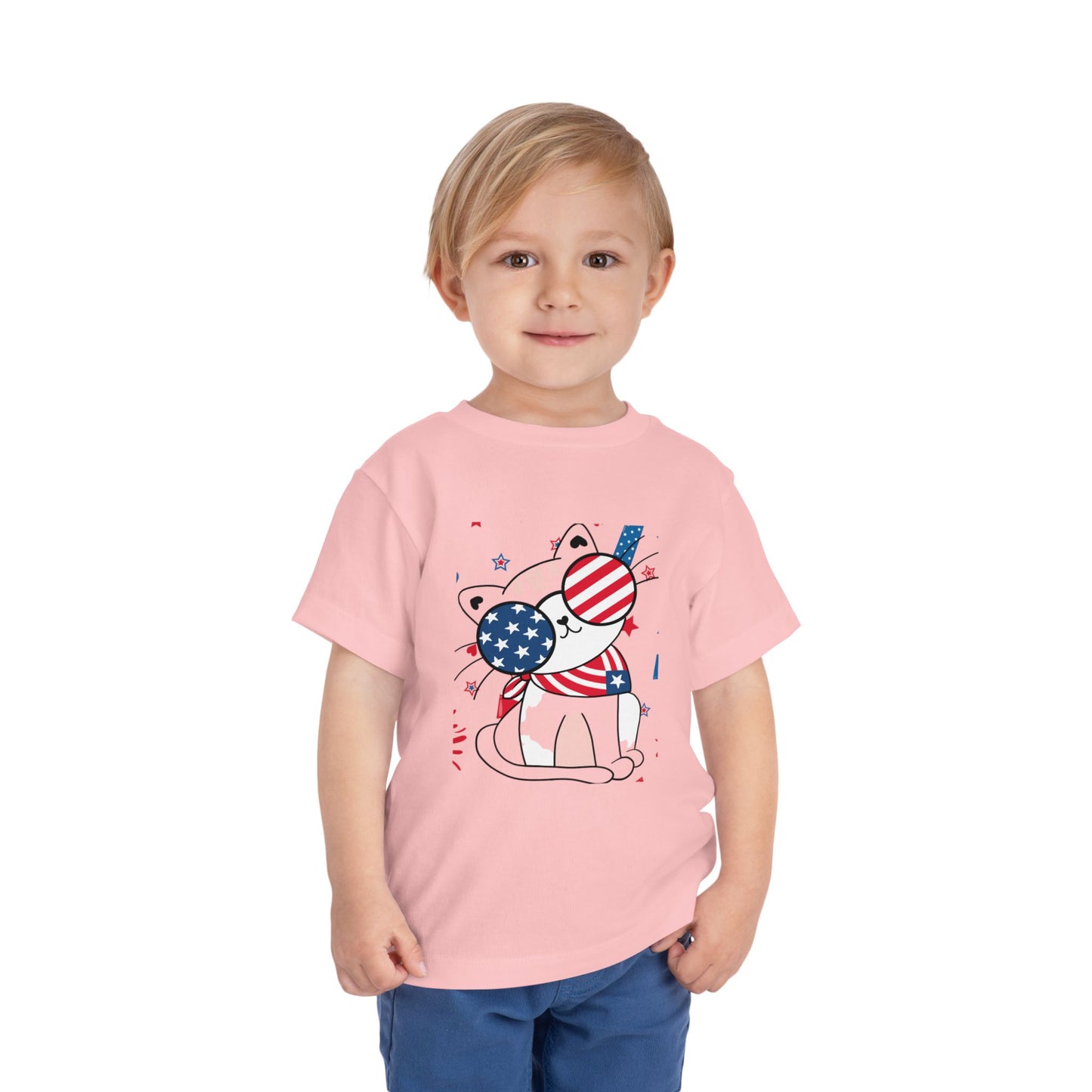Adorable patriotic cat with USA sunglasses tee for toddlers 2T–5T. A fun, festive 4th of July shirt kids will love for summer celebrations. Pink