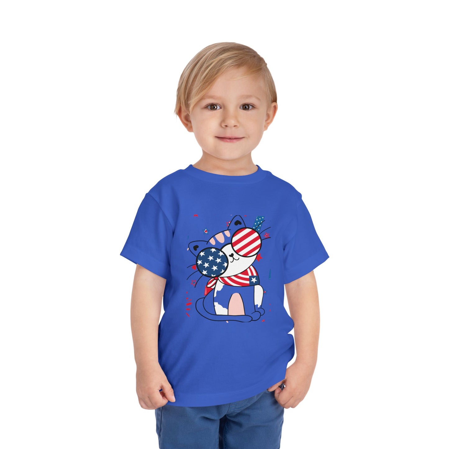 Adorable patriotic cat with USA sunglasses tee for toddlers 2T–5T. A fun, festive 4th of July shirt kids will love for summer celebrations. True Royal