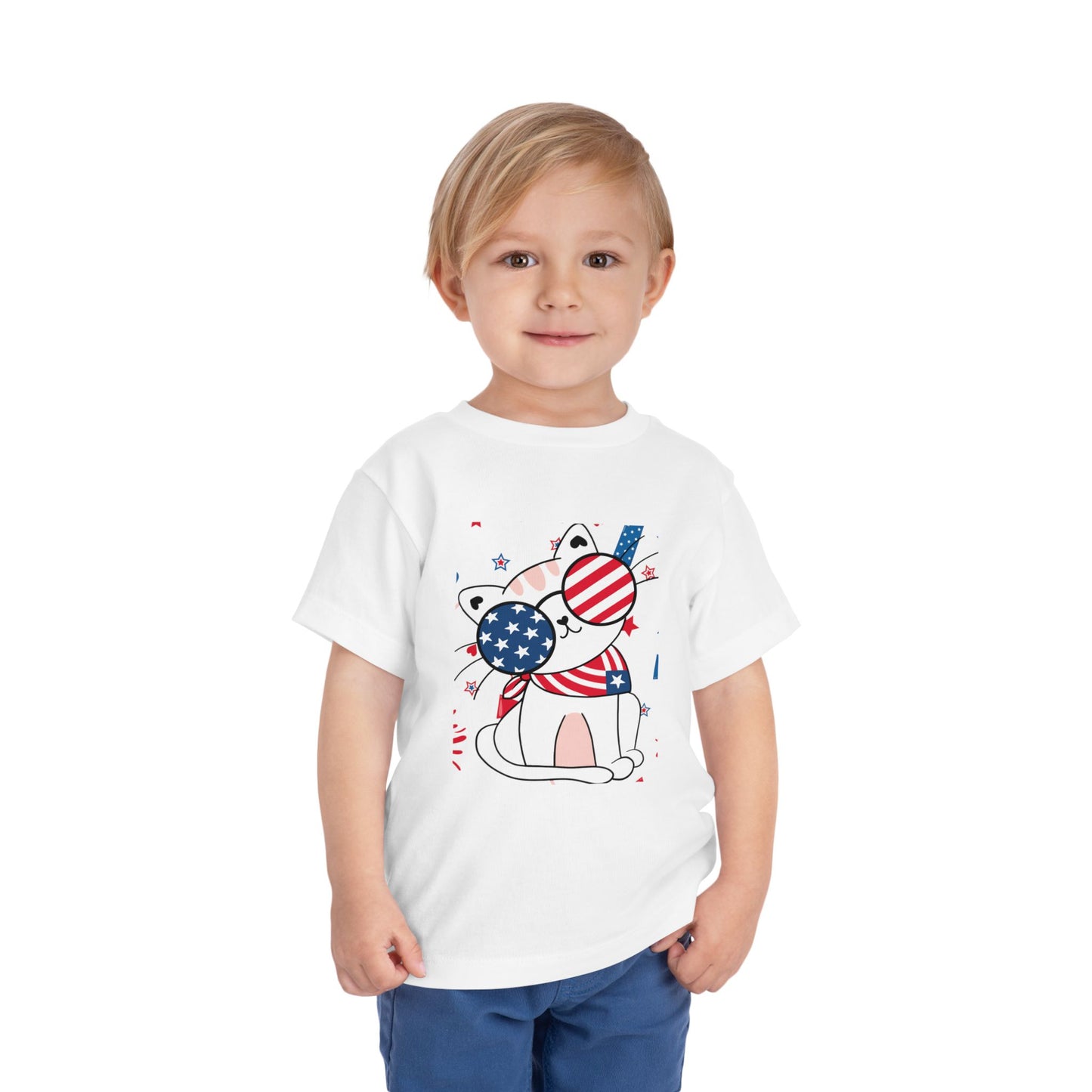 Adorable patriotic cat with USA sunglasses tee for toddlers 2T–5T. A fun, festive 4th of July shirt kids will love for summer celebrations. White
