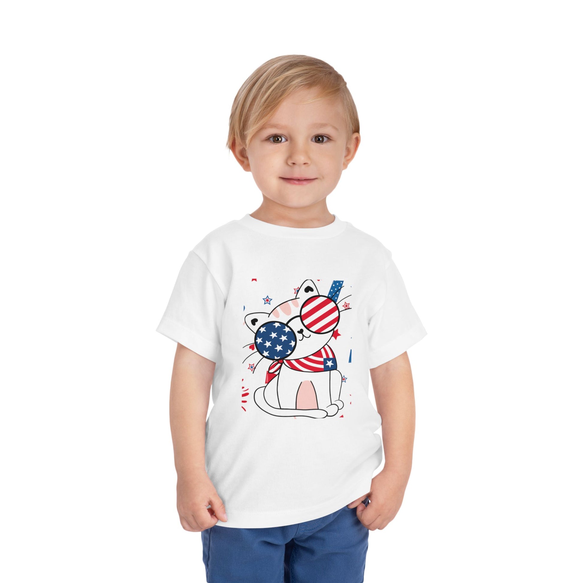 Adorable patriotic cat with USA sunglasses tee for toddlers 2T–5T. A fun, festive 4th of July shirt kids will love for summer celebrations. White