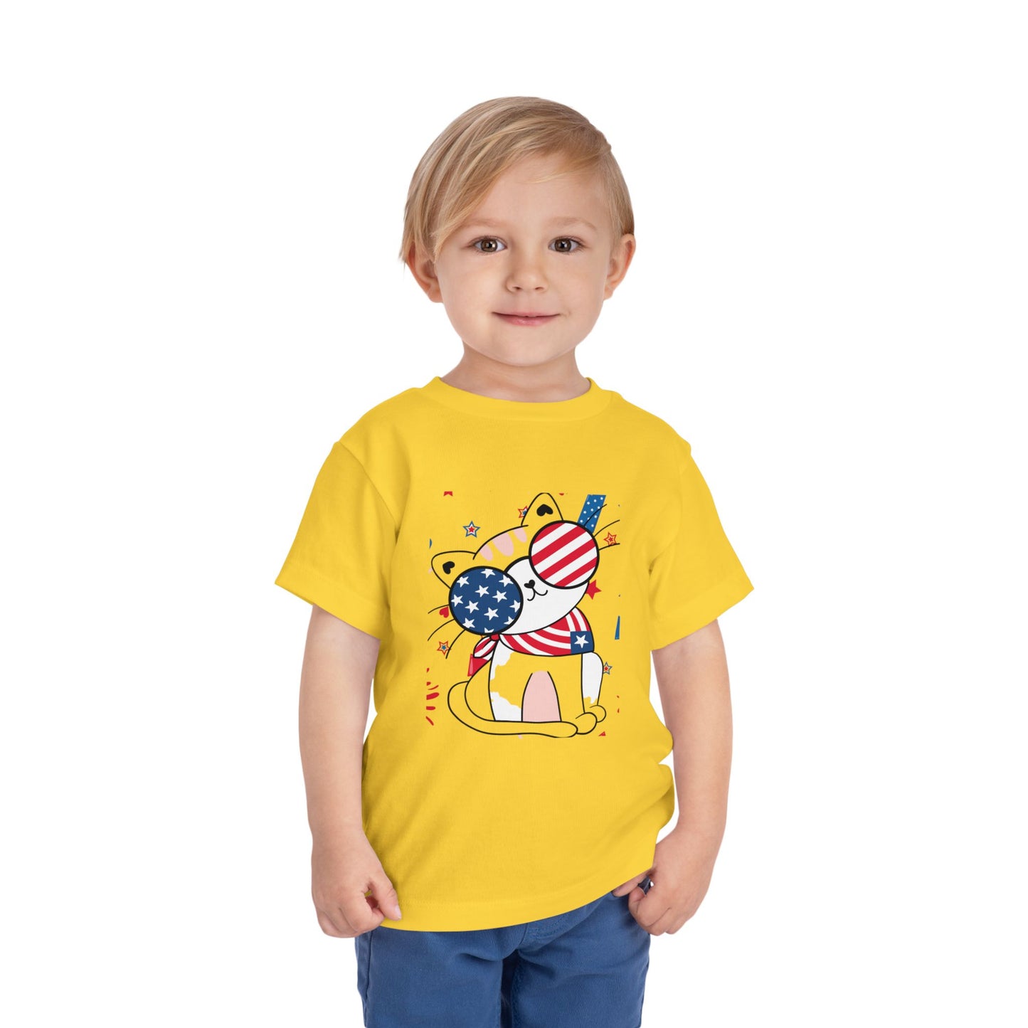 Adorable patriotic cat with USA sunglasses tee for toddlers 2T–5T. A fun, festive 4th of July shirt kids will love for summer celebrations. Yellow