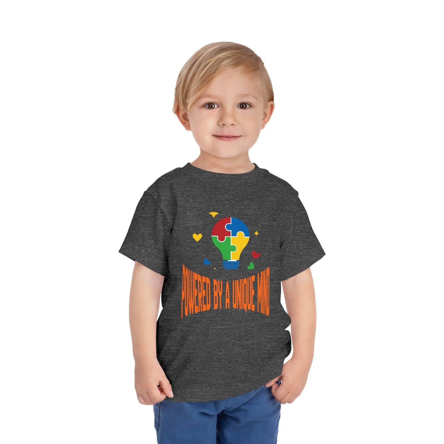 Celebrate neurodiversity with this "Powered by a Unique Mind" autism toddler tee. Featuring a puzzle lightbulb design, it's a sweet autism awareness shirt for little ones. Deep Heather