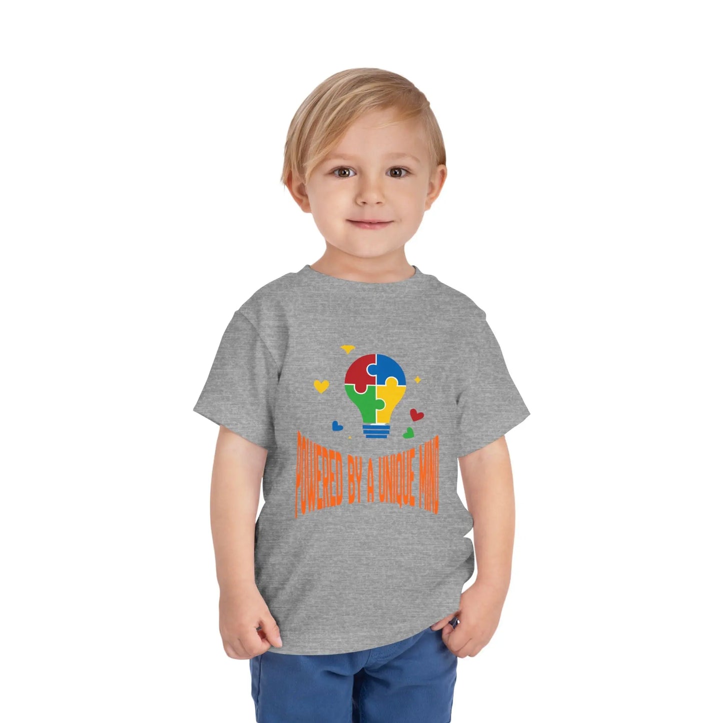  Celebrate neurodiversity with this "Powered by a Unique Mind" autism toddler tee. Featuring a puzzle lightbulb design, it's a sweet autism awareness shirt for little ones. Athletic Heather