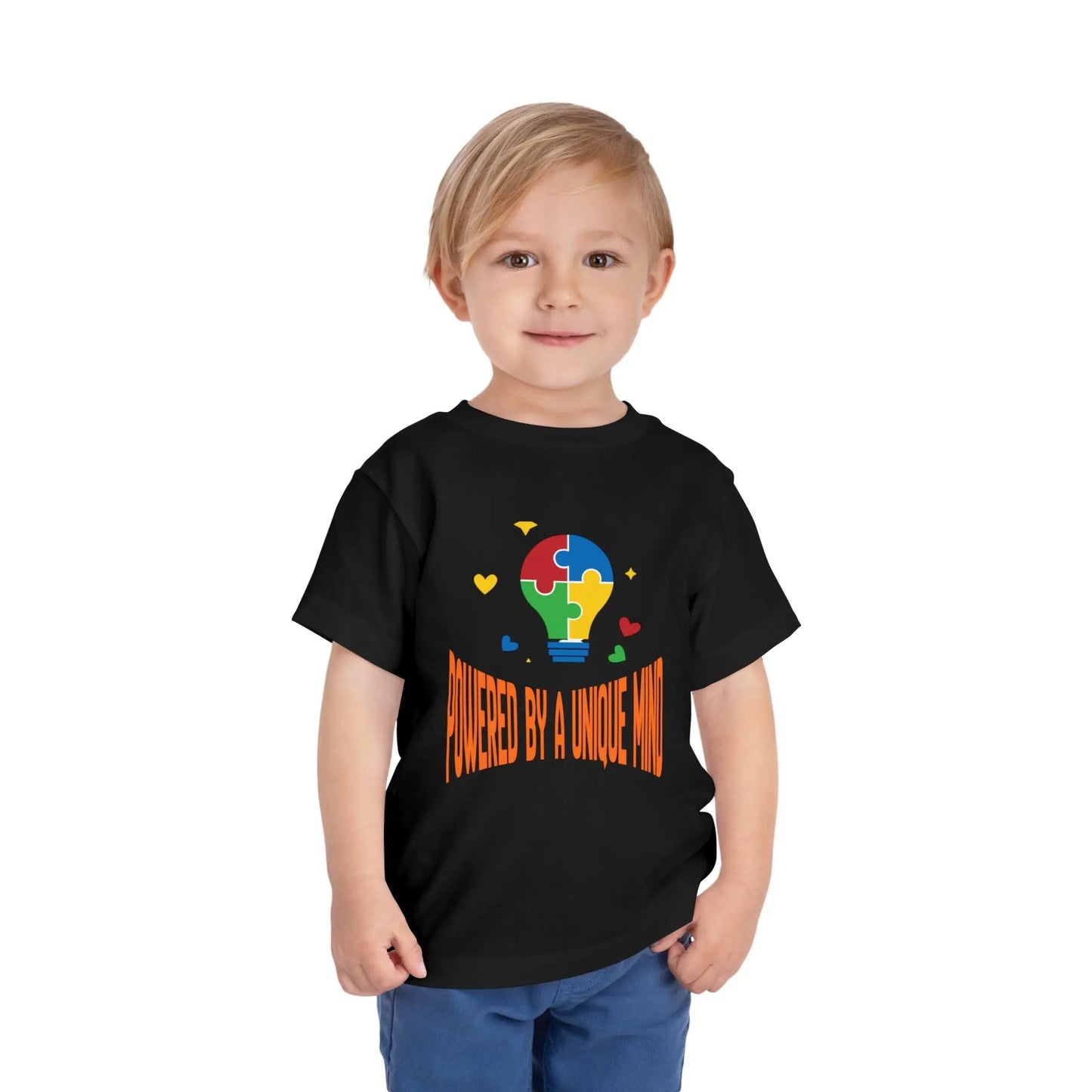 Celebrate neurodiversity with this "Powered by a Unique Mind" autism toddler tee. Featuring a puzzle lightbulb design, it's a sweet autism awareness shirt for little ones. Black