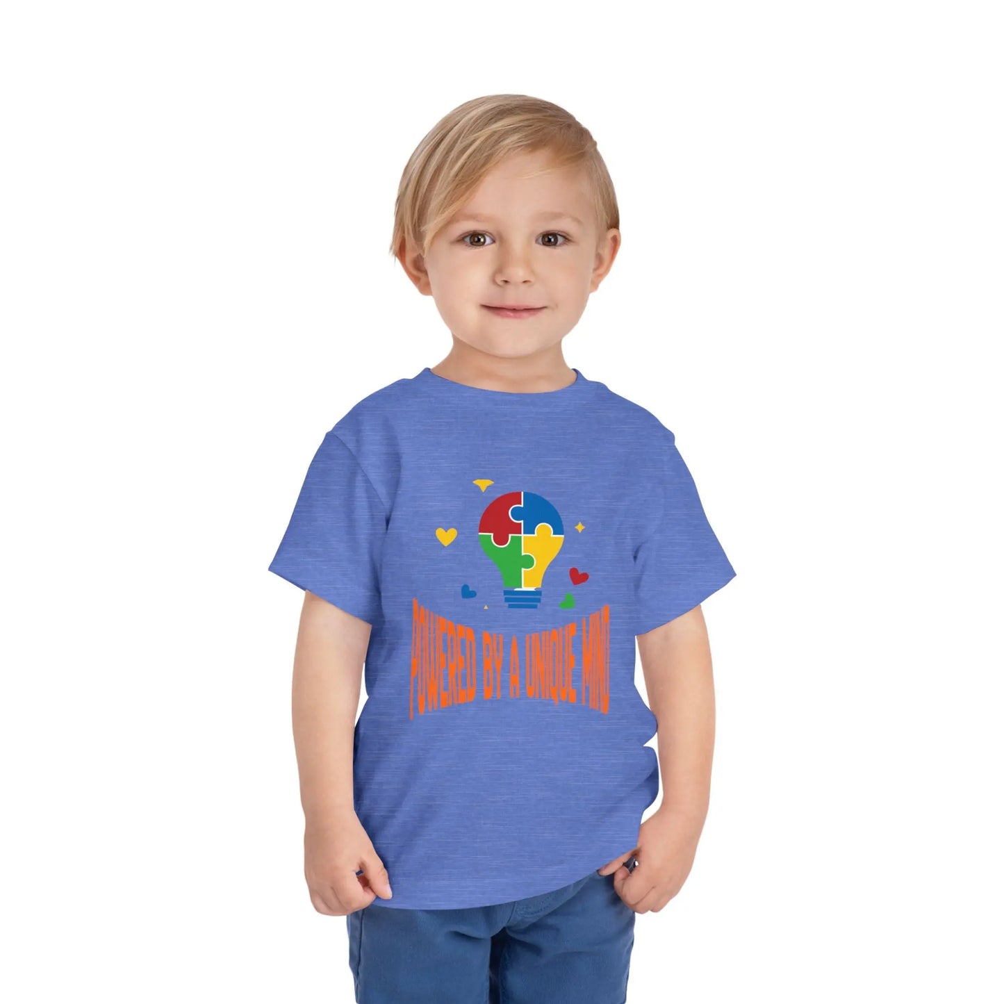  Celebrate neurodiversity with this "Powered by a Unique Mind" autism toddler tee. Featuring a puzzle lightbulb design, it's a sweet autism awareness shirt for little ones. Heather Columbia Blue