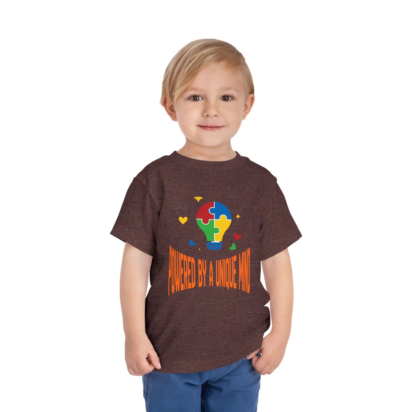  Celebrate neurodiversity with this "Powered by a Unique Mind" autism toddler tee. Featuring a puzzle lightbulb design, it's a sweet autism awareness shirt for little ones. Heather Maroon